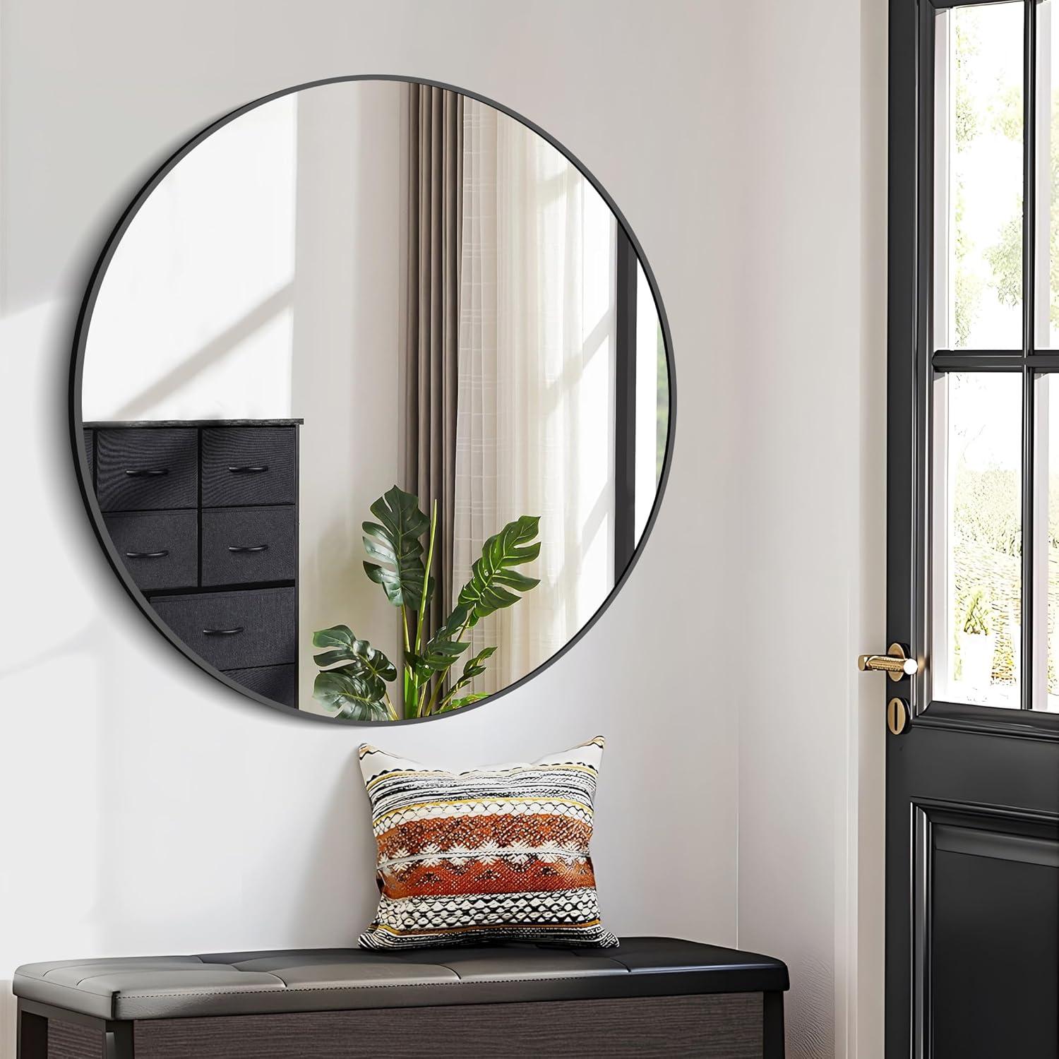 Wall Mirror 39 Inch Black Circular Mirror Metal Framed Mirror Round Vanity Mirror Dressing Mirror, for Bathroom, Living Room, Bedroom Wall Decor