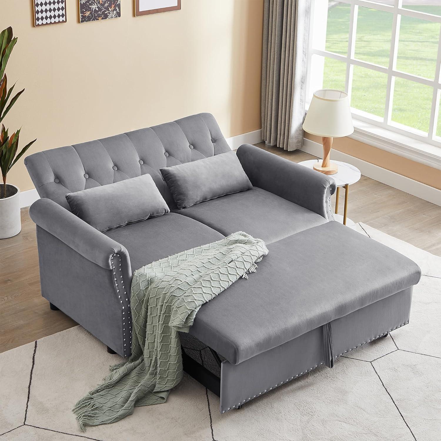 Gray Velvet Tufted Convertible Sleeper Sofa with Nailhead Trim