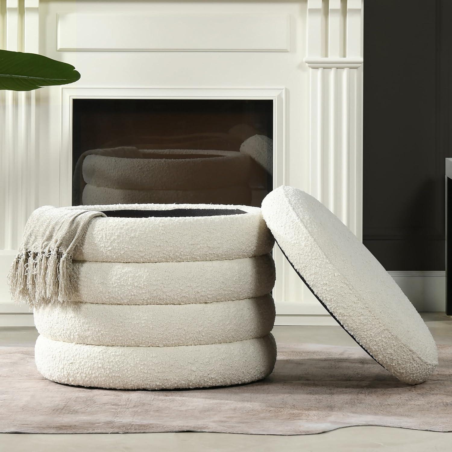 NicBex Modern 19" Round Storage Ottoman Wood Footstools with Boucle Fabric for Bedroom and Living Room, White