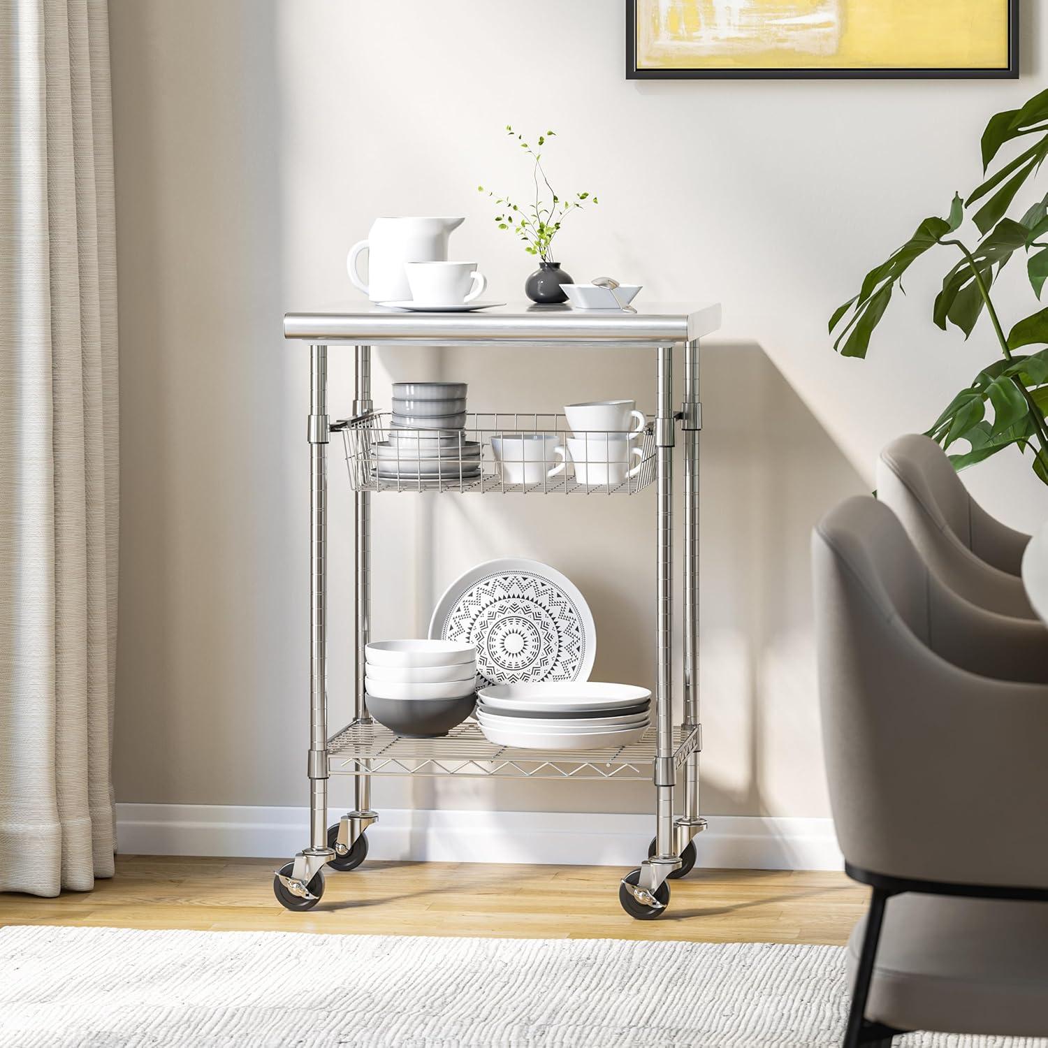48'' Wide Stainless Steel Kitchen Rolling Cart Island with Solid Wood Top