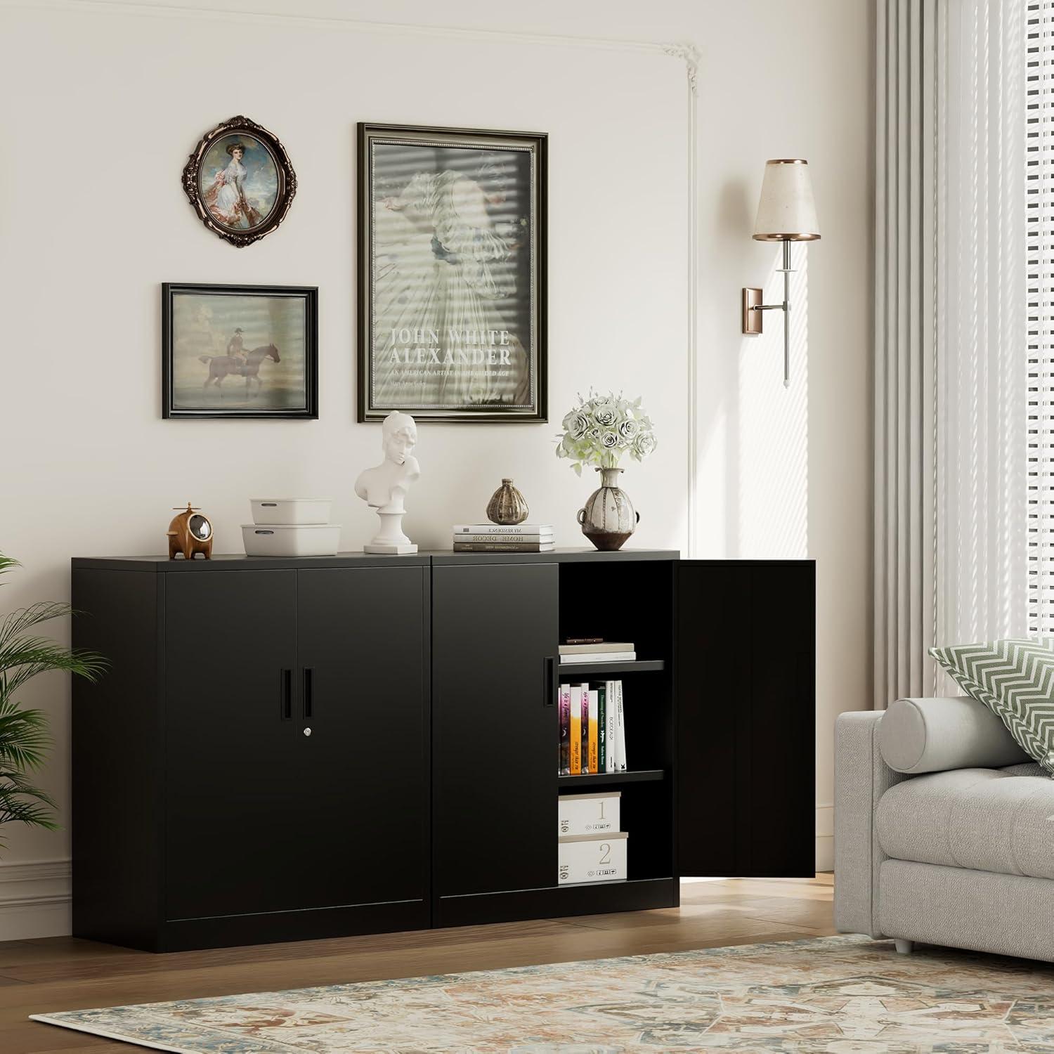 Metal Storage Cabinet, 36" H Locking Storage Cabinet with Adjustable Shelves, Steel Storage Cabinet for Garage, Home, Office, Utility Room-Black