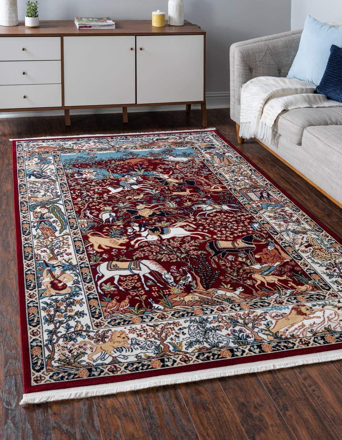 Burgundy and Tan Floral Rectangular Synthetic Area Rug