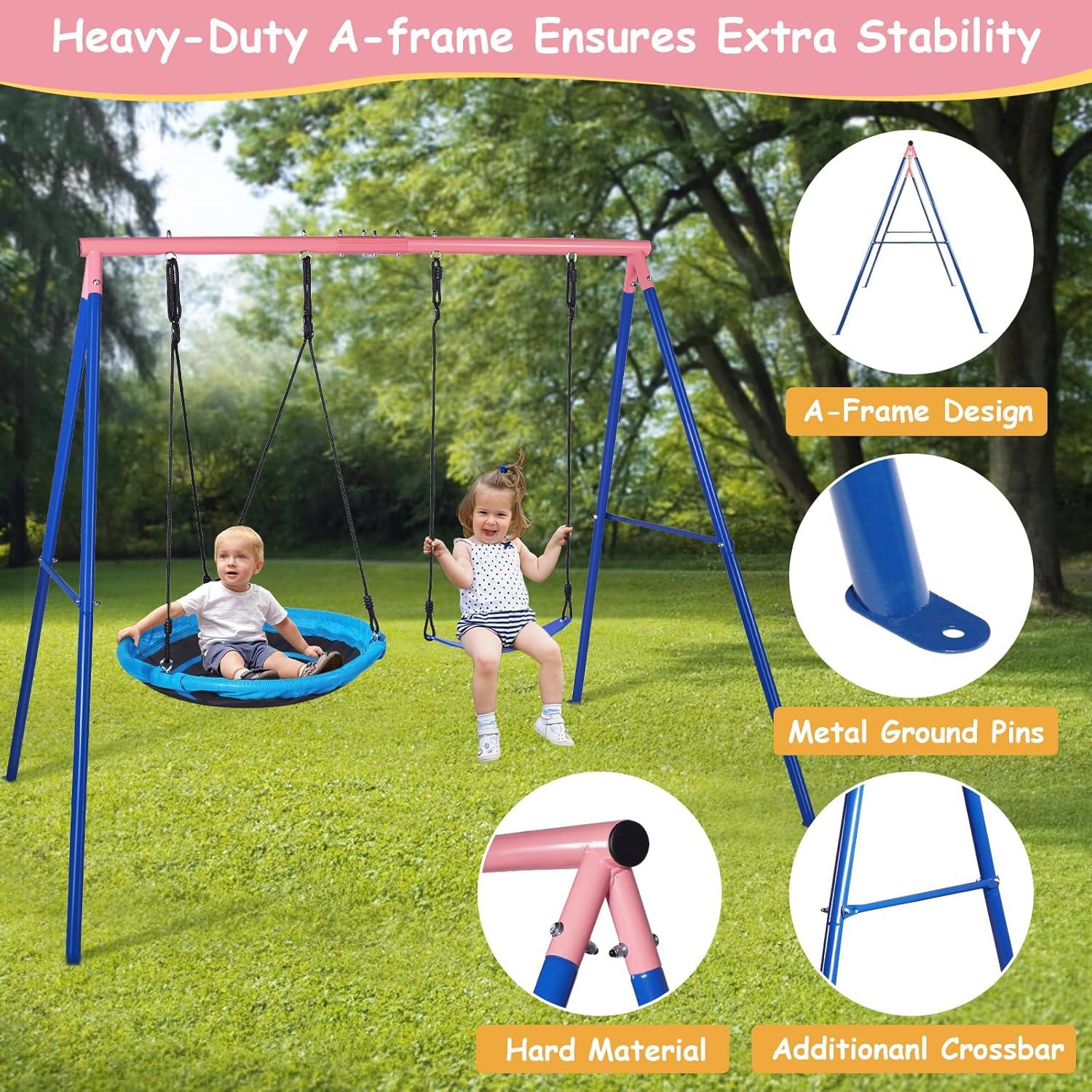 Outdoor Swings for Kids, 440lbs, Heavy-Duty A-Frame Metal Outdoor Swing Stand, 1 Saucer & 1 Belt Swing Seat for Playground, Backyard Blue