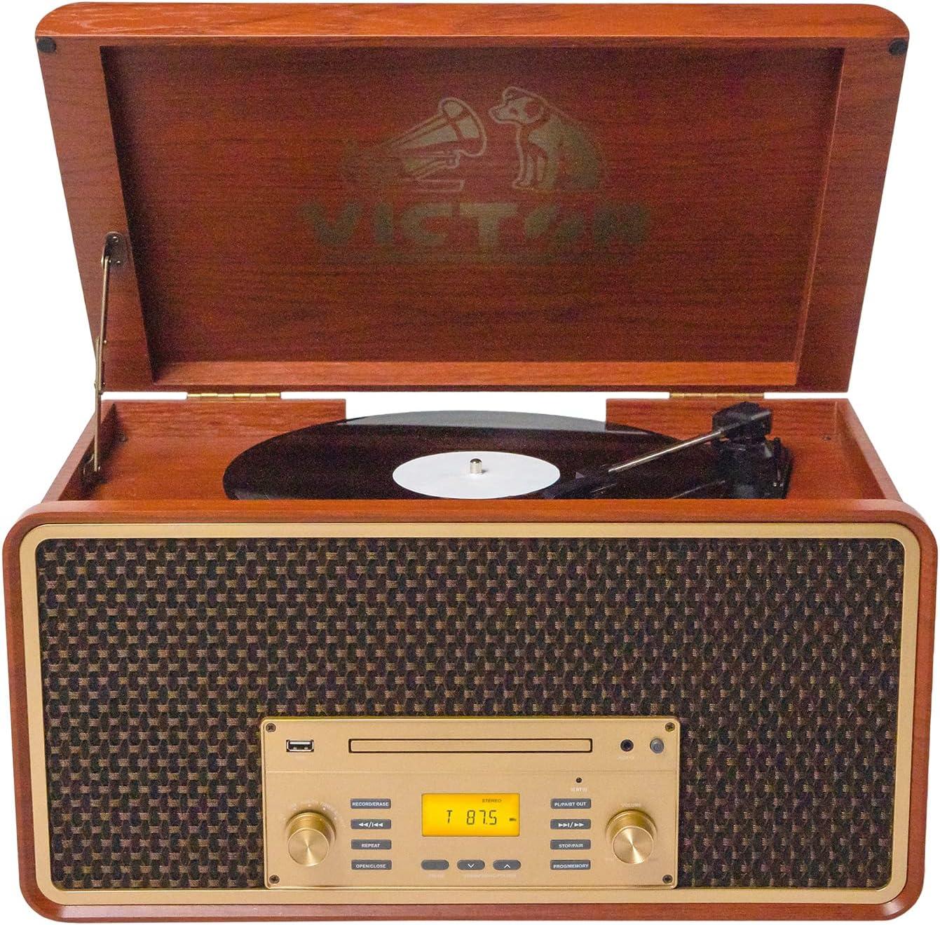 Victor 8-in-1 Wood Music Center with Bluetooth Vinyl Record Player