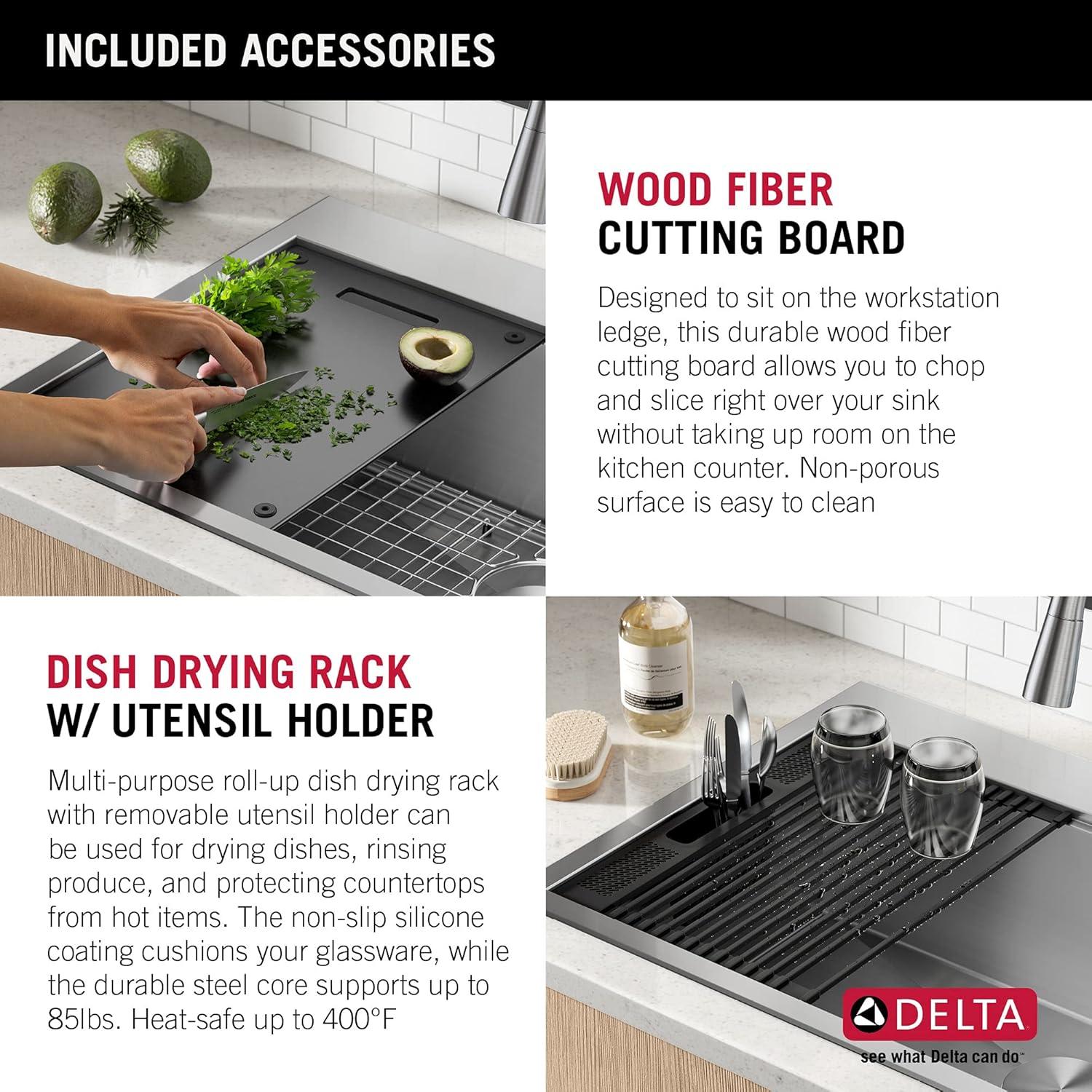 Delta Rivet™ 33" L Workstation Kitchen Sink Drop-In Top Mount 16 Gauge Stainless Steel 50/50 Double Bowl