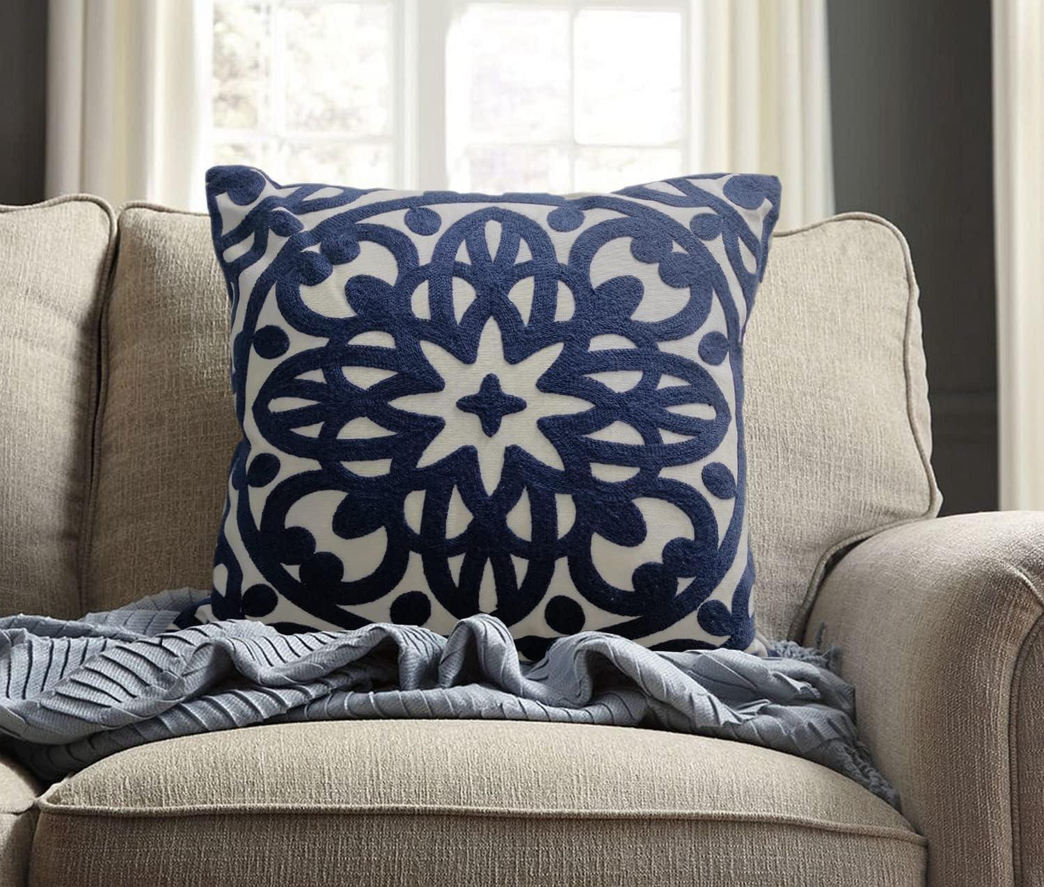 Navy Blue Embroidered Cotton Boho Euro Pillow Cover 18x18