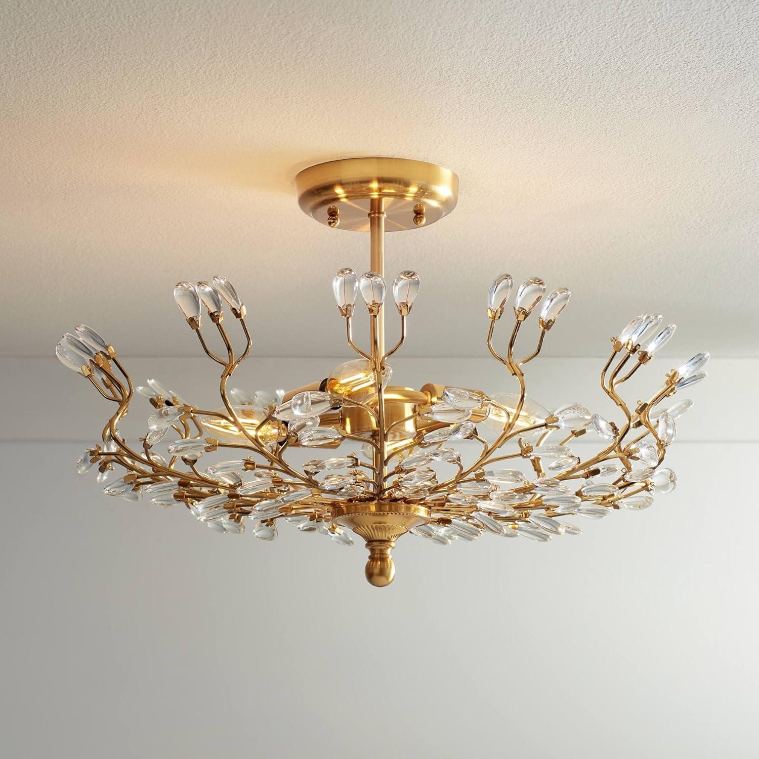 Vienna Full Spectrum Brielle Modern Ceiling Light Semi Flush Mount Fixture 18 1/2" Wide Brass Vine Leaf 4-Light Clear Crystal Glass for Bedroom House