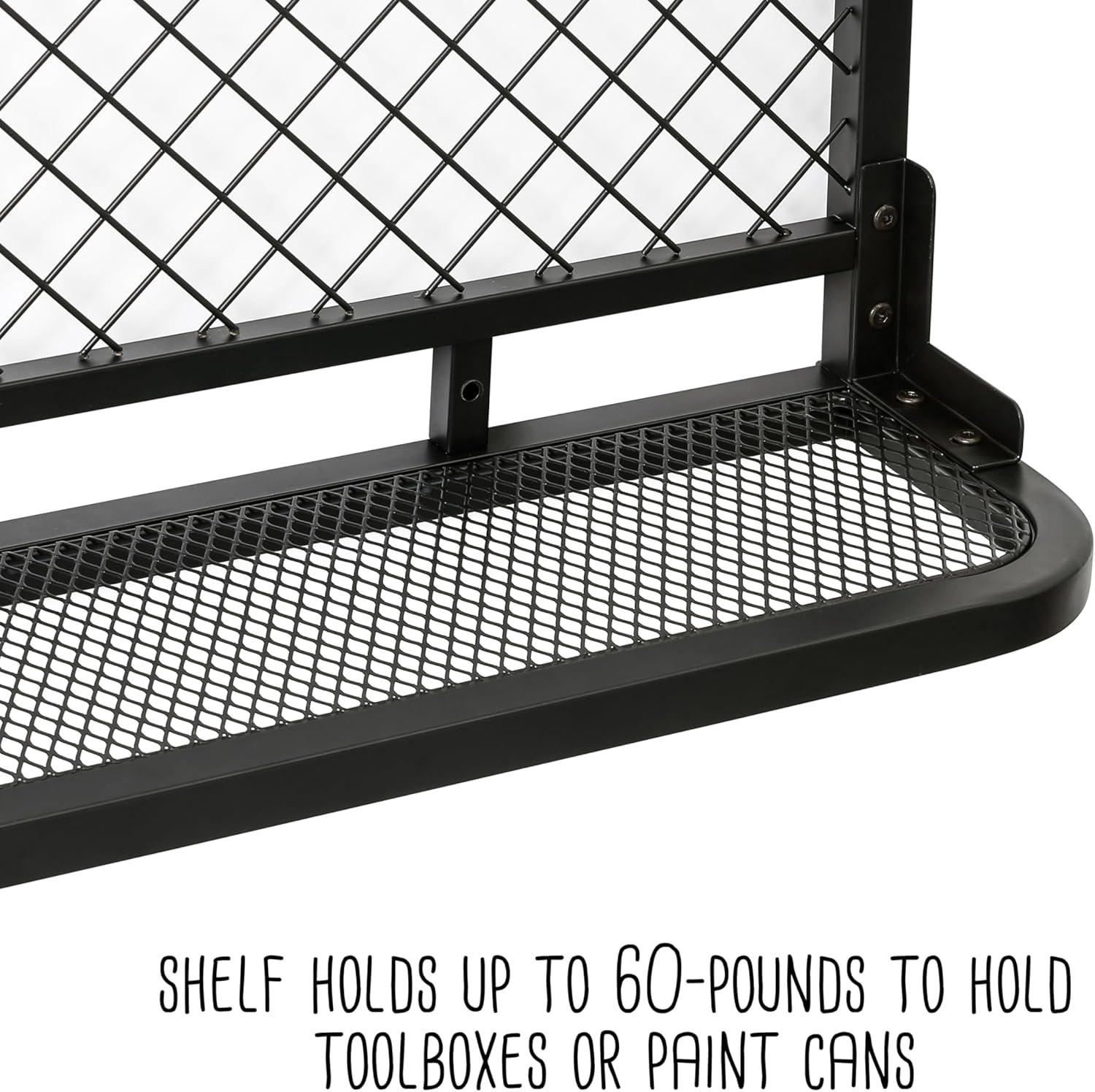 Honey-Can-Do Wall-Mounted Steel Reversible Garage Grid Shelf with Hooks, Black, Holds up to 60 lb per Shelf