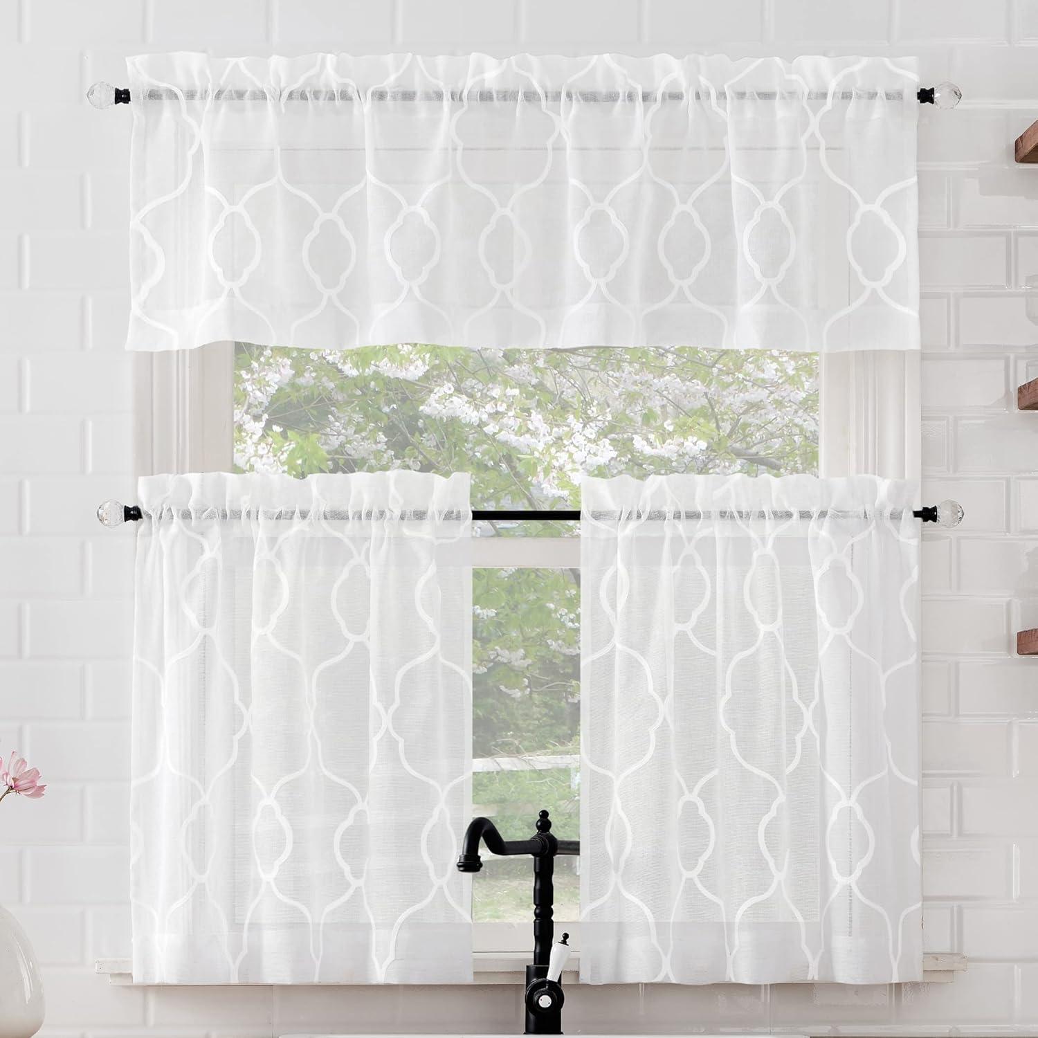 White Embroidered Trellis Light Filtering Kitchen Curtain Set