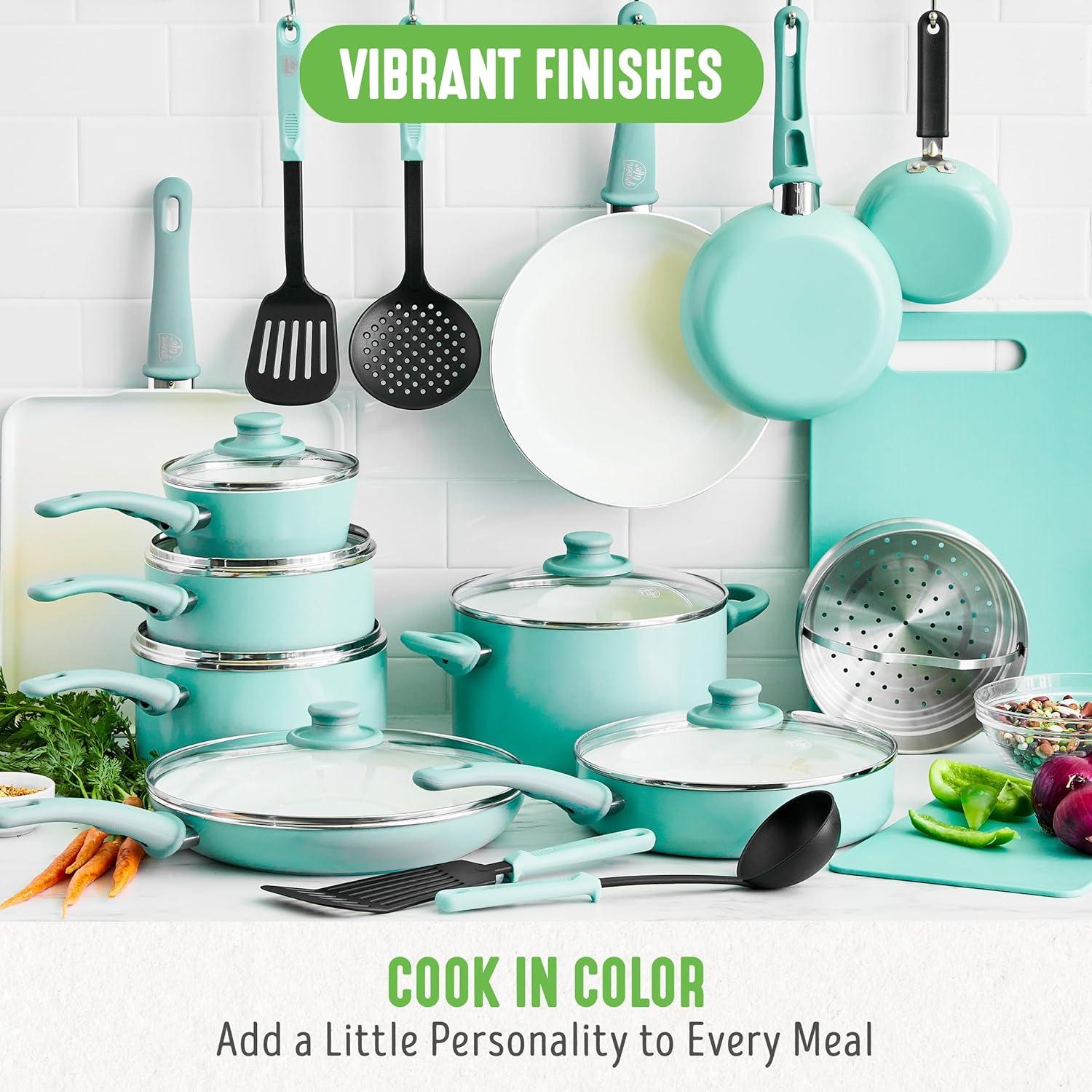 Turquoise Ceramic Nonstick 23-Piece Cookware Set with Glass Lids