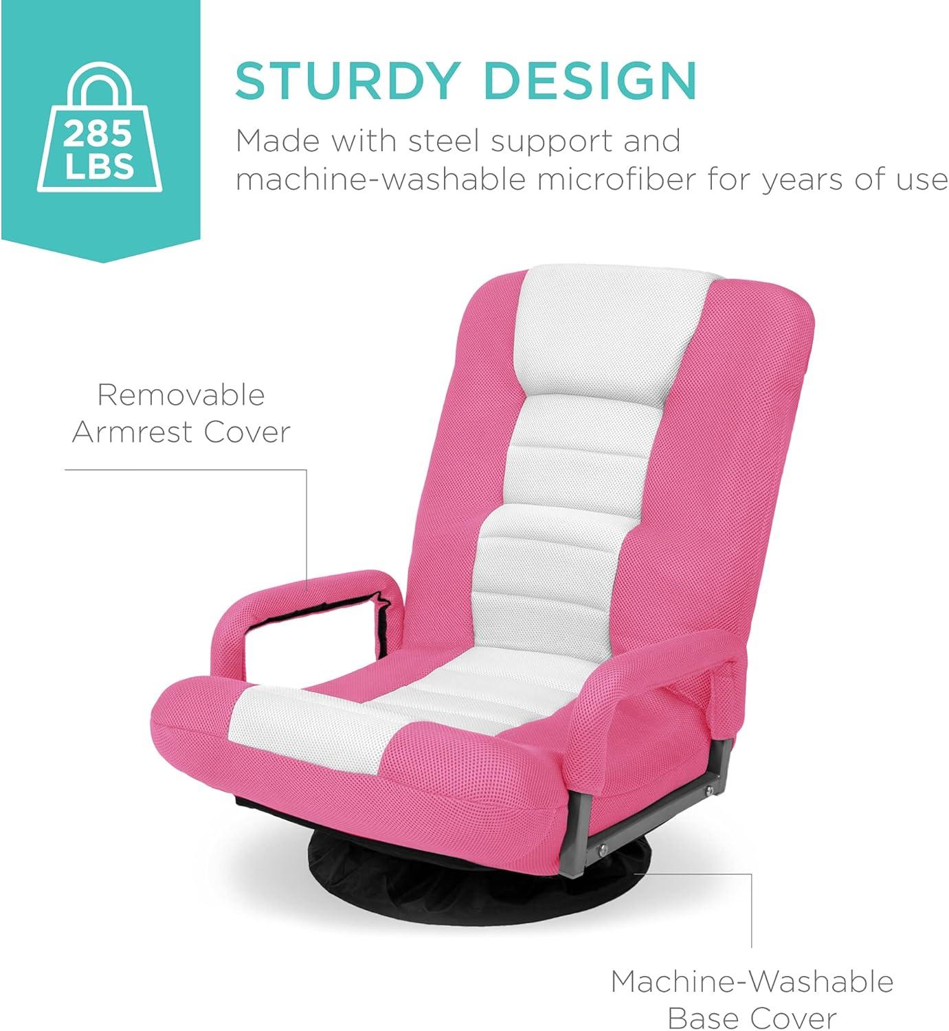 Best Choice Products 360-Degree Swivel Gaming Floor Chair w/ Armrest Handles, Foldable Adjustable Backrest - Pink/White