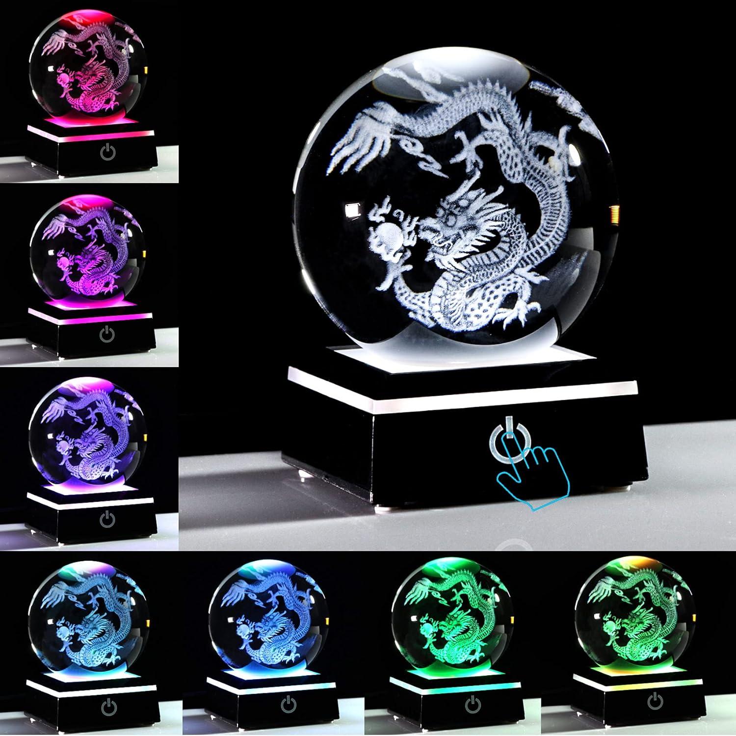 Qianwei Chinese Dragon Decor Gifts, Dragon Statue Figurines Stuff Decorations 3D Laser Etched Halloween Crystal Balls Feng Shui for Witchcraft Paper Weights Glass Decor