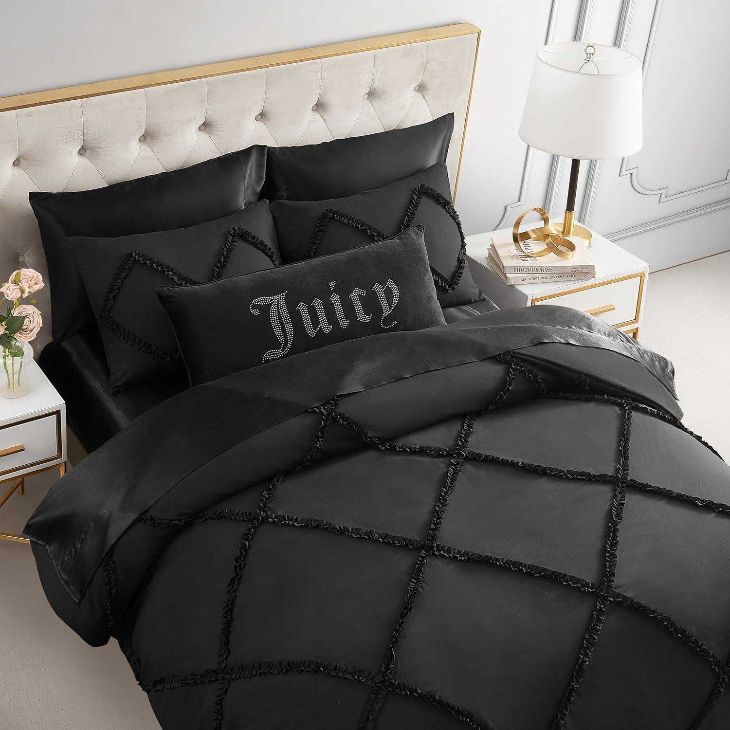 Full Black Microfiber Diamond Ruffle Reversible Comforter Set