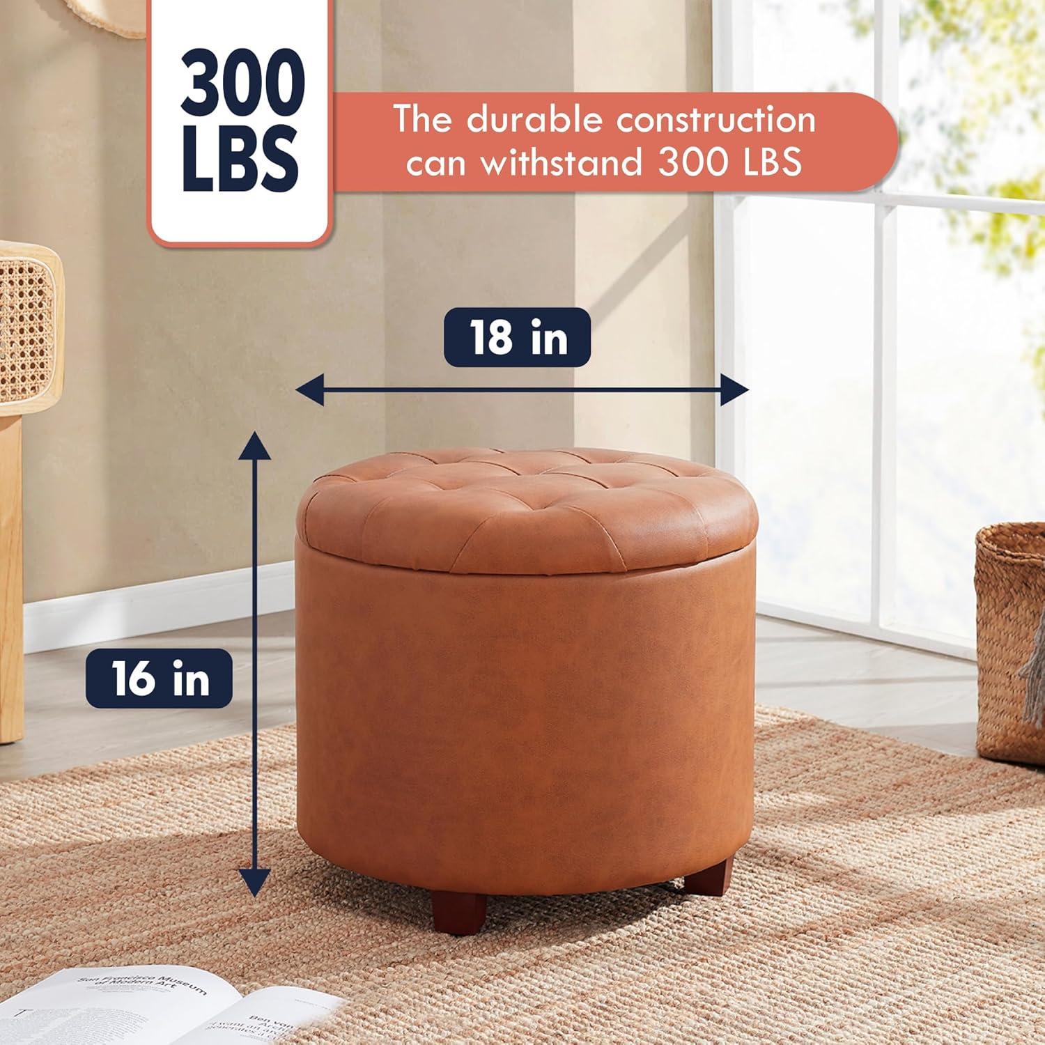 Ornavo Home Faux Leather Upholstered Round Tufted Storage Ottoman with Wooden Legs - Cognac
