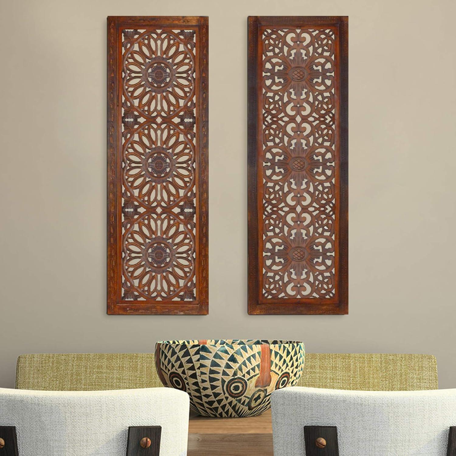 2 Piece Mango Wood Wall Panel Set with Mendallion Carving in Burnt Brown