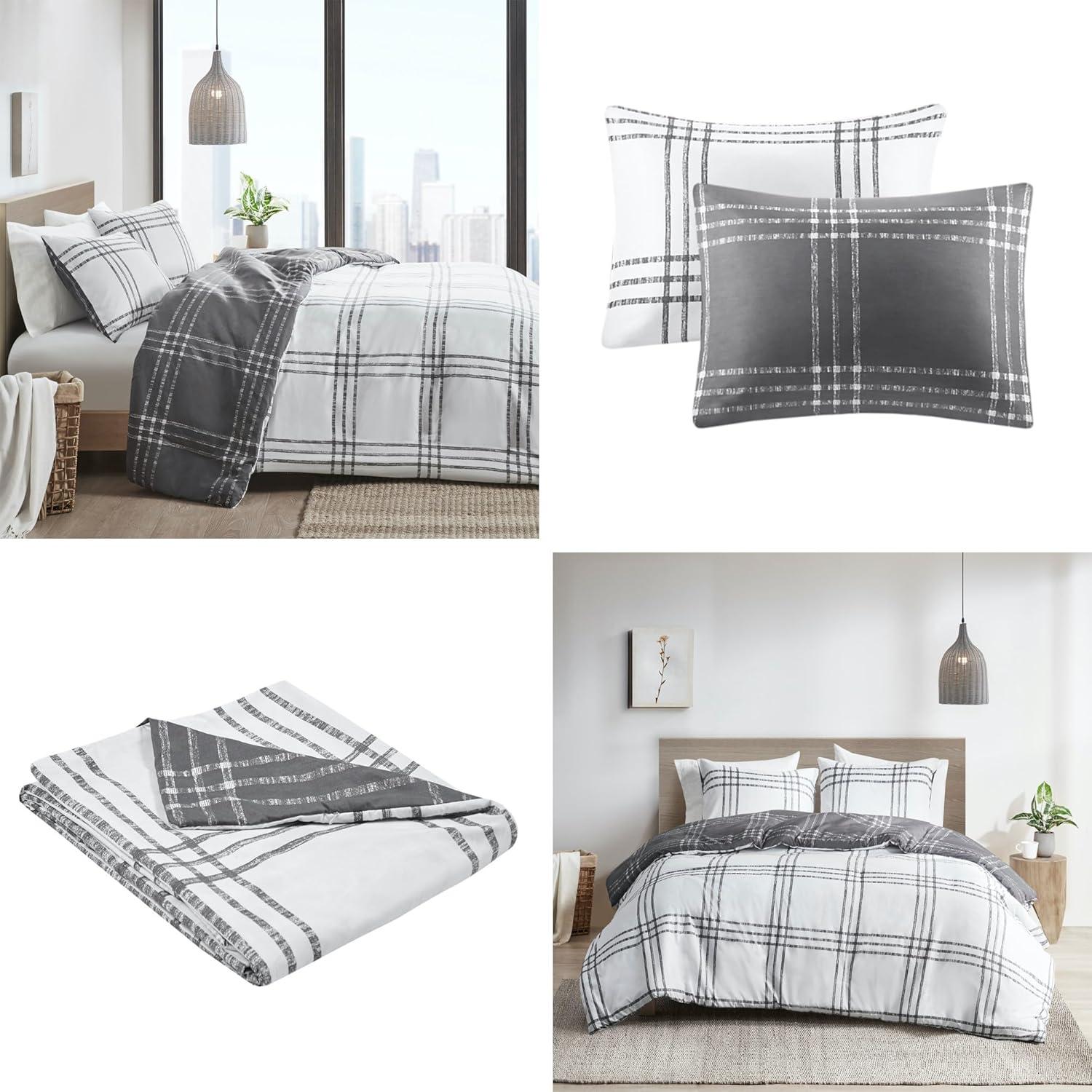King Gray Microfiber Reversible Plaid Duvet Cover Set