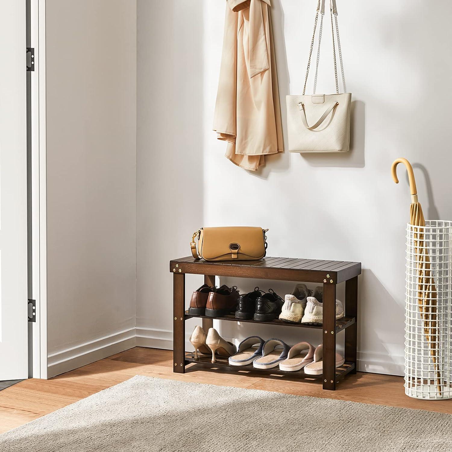 Bamboo Shoe Rack Bench, 3 Tier Sturdy Shoe Bench, Storage Shoe Organizer, Holds up to 300lbs for Entryway Bedroom Living Room Balcony, Brown