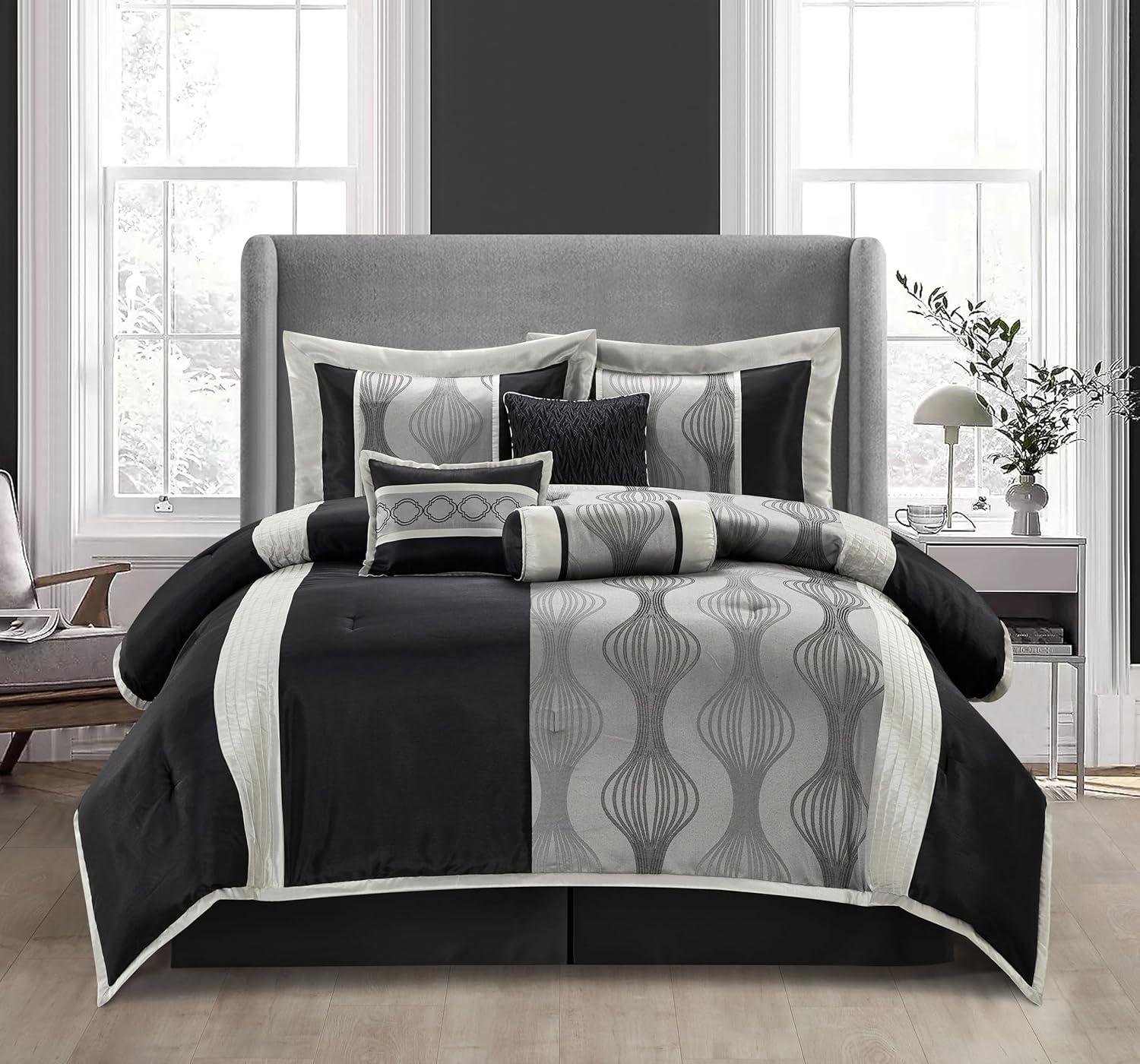 Lanco Black and Silver Comforter Set Queen Size, 7 Pieces Bedding & Collection, Jacquard All Season Comforter & Pillows, Ultra-Soft Microfiber