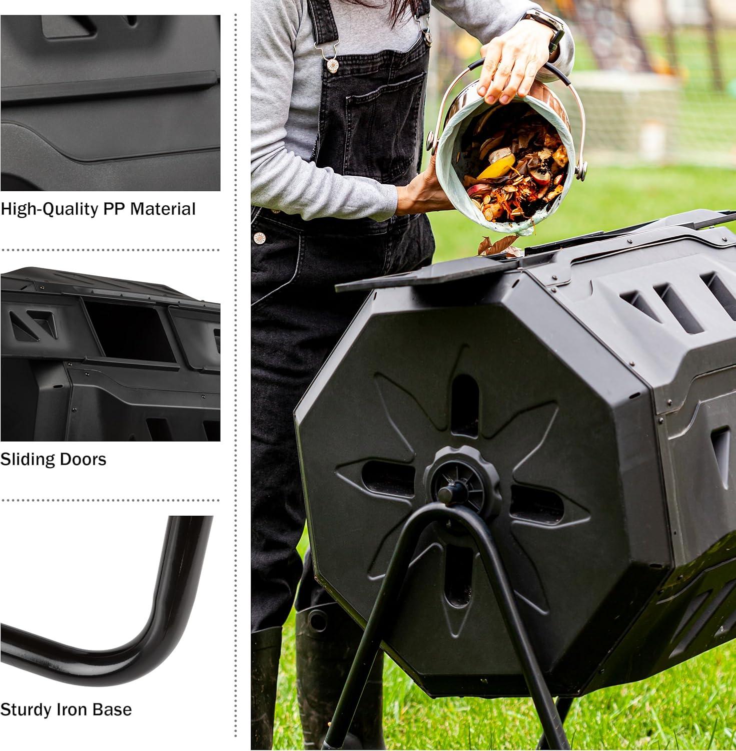 Pure Garden Compost Tumbler - 43Gal Compost Bin with Dual Chambers, 360-Degree Rotating Design, and Garden Gloves Included - Homesteading Supplies