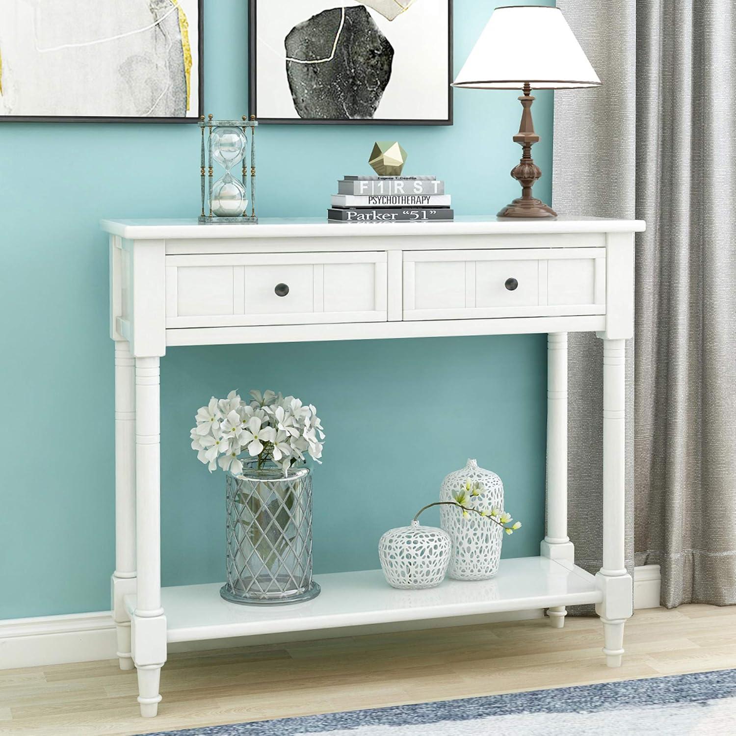 White Solid Wood Console Table with Storage Drawers and Shelf