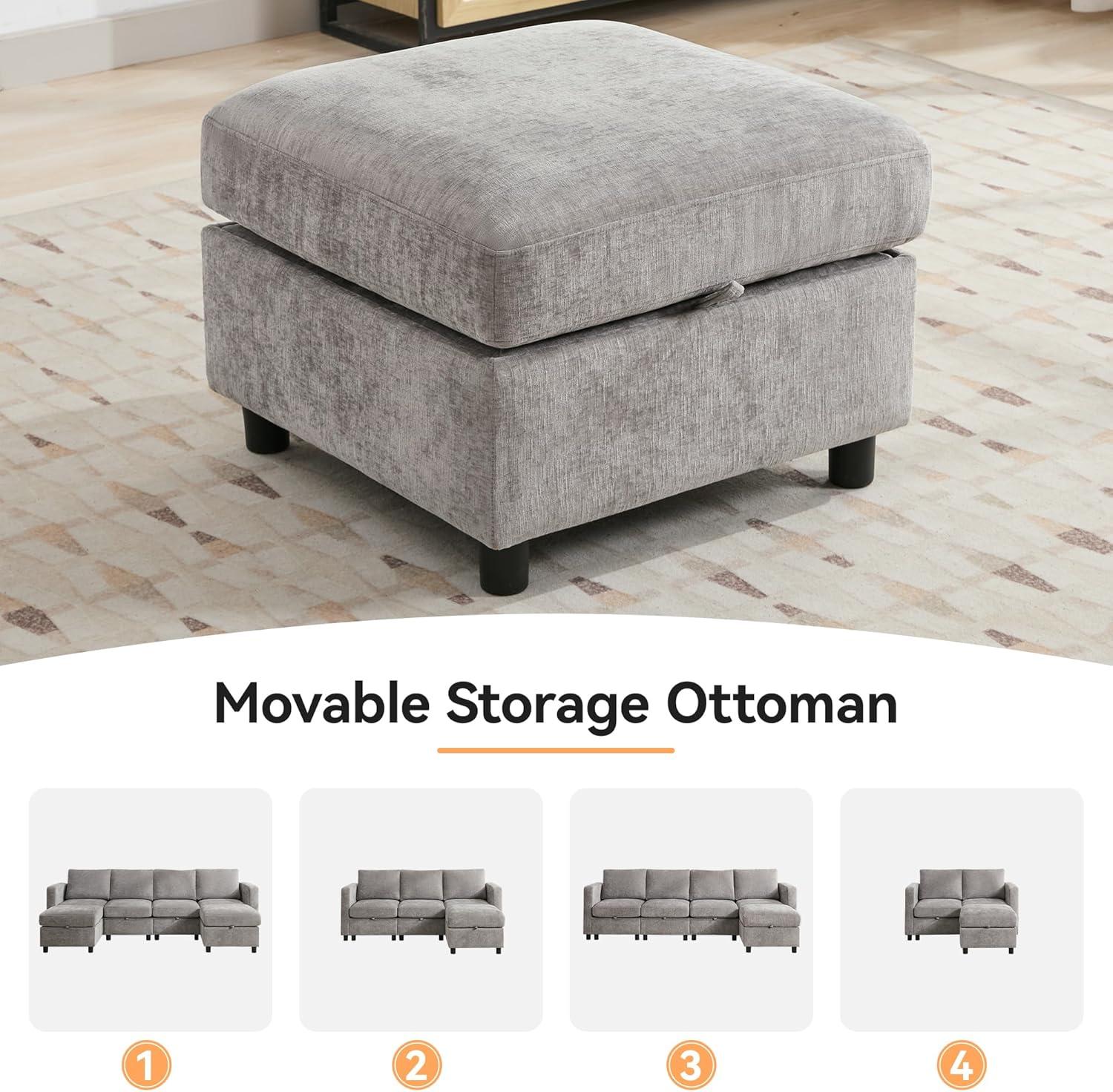 Ebern Designs 107”Modular Sectional Sofa Convertible U Shaped Sofa Couch Set With Storage For Living Room, Modern 6 Seater Modular Sectional Couch With Movable Ottoman, Chenille
