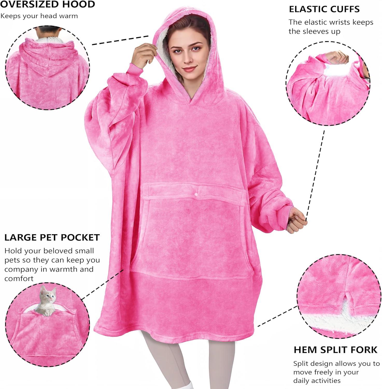 Solaris Women Flannel Blanket Hoodie Oversized Sweatshirt, Wearable Fleece Blanket Woman, Christmas Gift for Her, Hot Pink