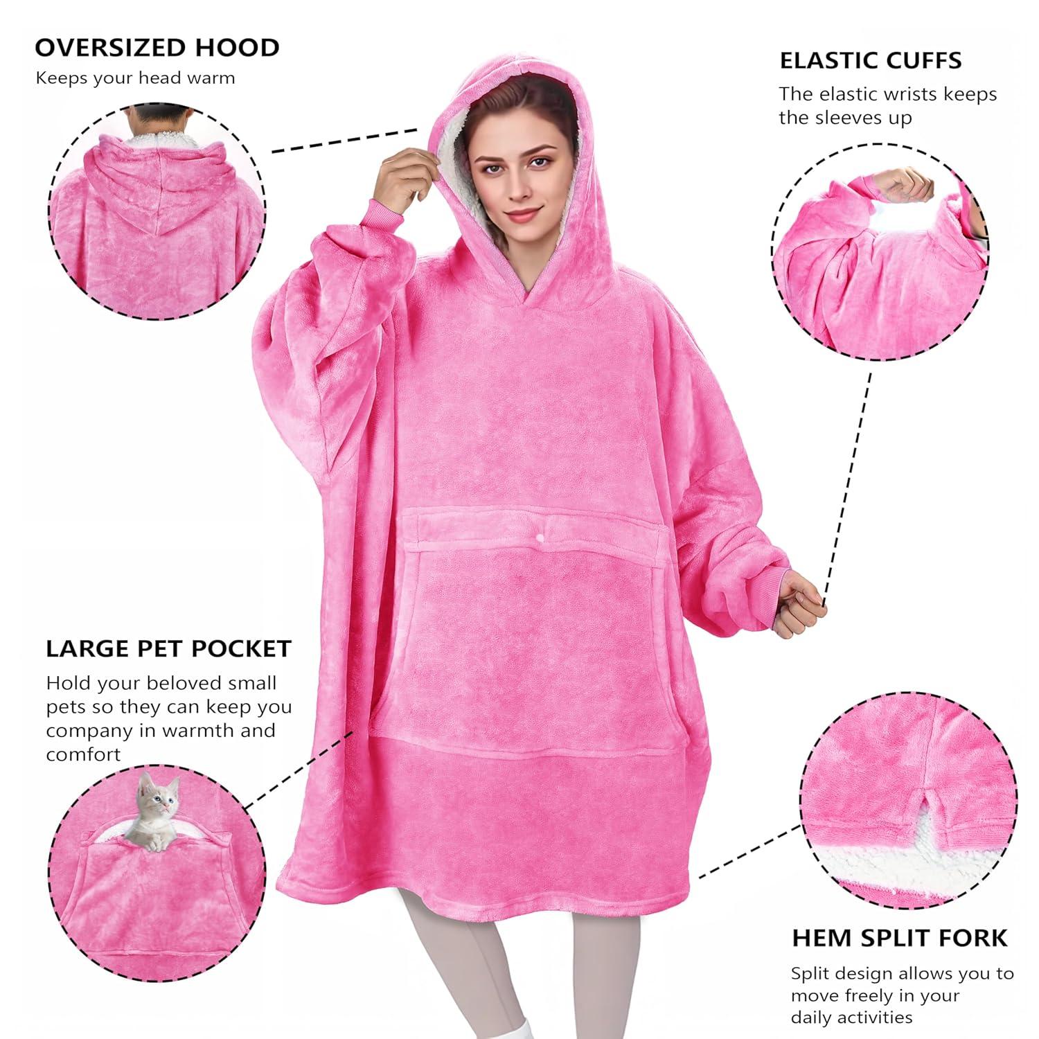 Solaris Women Flannel Blanket Hoodie Oversized Sweatshirt, Wearable Fleece Blanket Woman, Christmas Gift for Her, Hot Pink