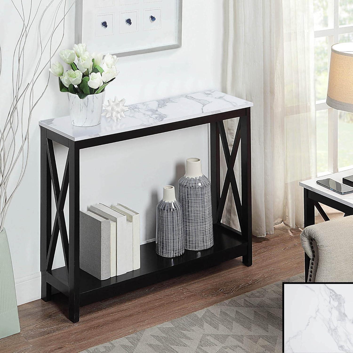 Convenience Concepts Oxford Console Table with Shelf, White Faux Marble/Black