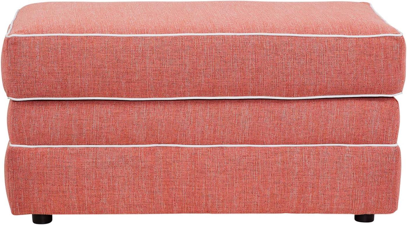 Coral and Ivory Coastal Linen-Blend Upholstered Ottoman