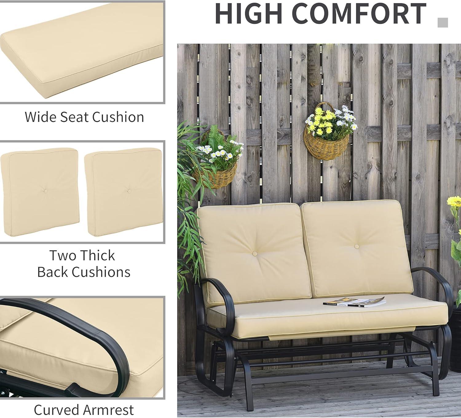 Outsunny Patio Glider Bench with Padded Cushions and Armrests, Outdoor 2-Person Swing Rocking Chair Loveseat with Sturdy Frame, Beige