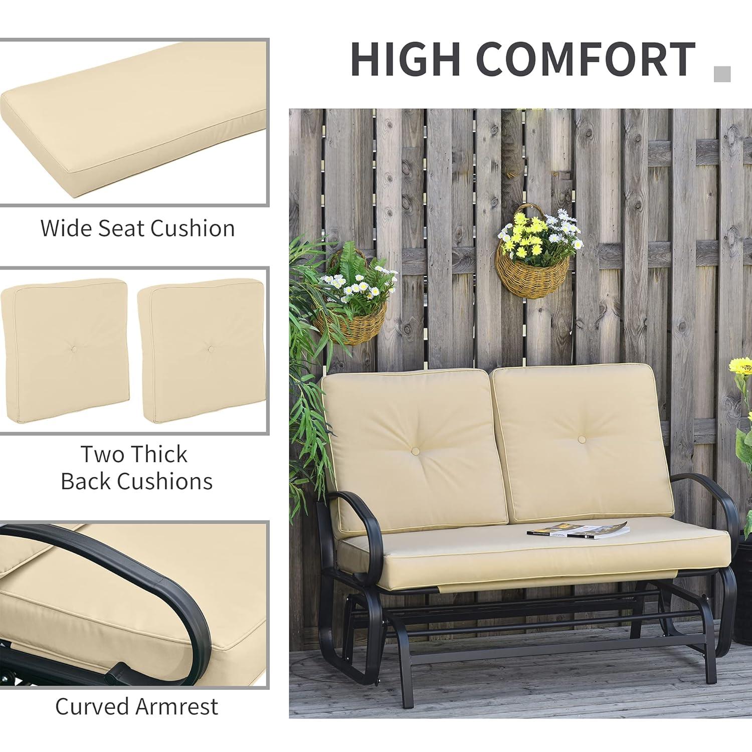 Outsunny Patio Glider Bench with Padded Cushions and Armrests, Outdoor 2-Person Swing Rocking Chair Loveseat with Sturdy Frame, Beige