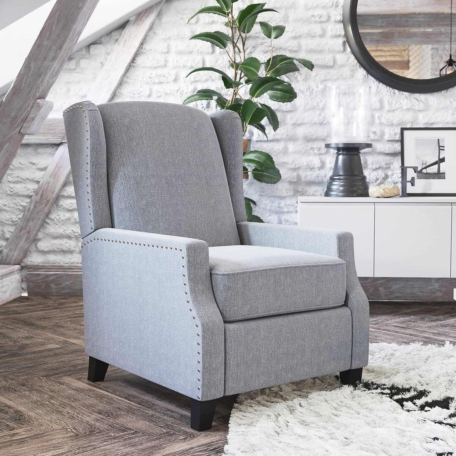 Modern Slim Silhouette Gray Recliner with Metal Nailhead Trim