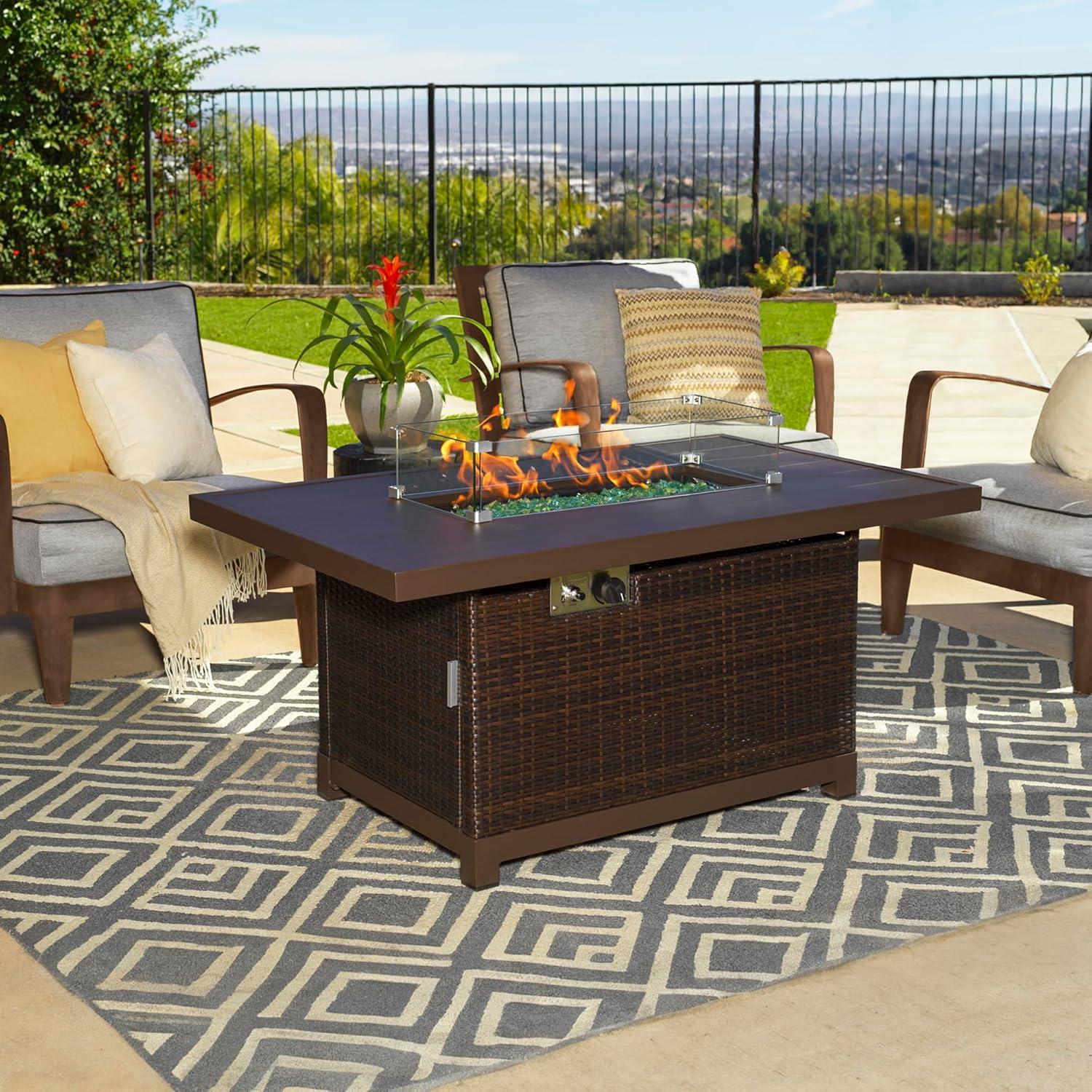 Novi 52-Inch Brown Rattan Gas Fire Pit Table