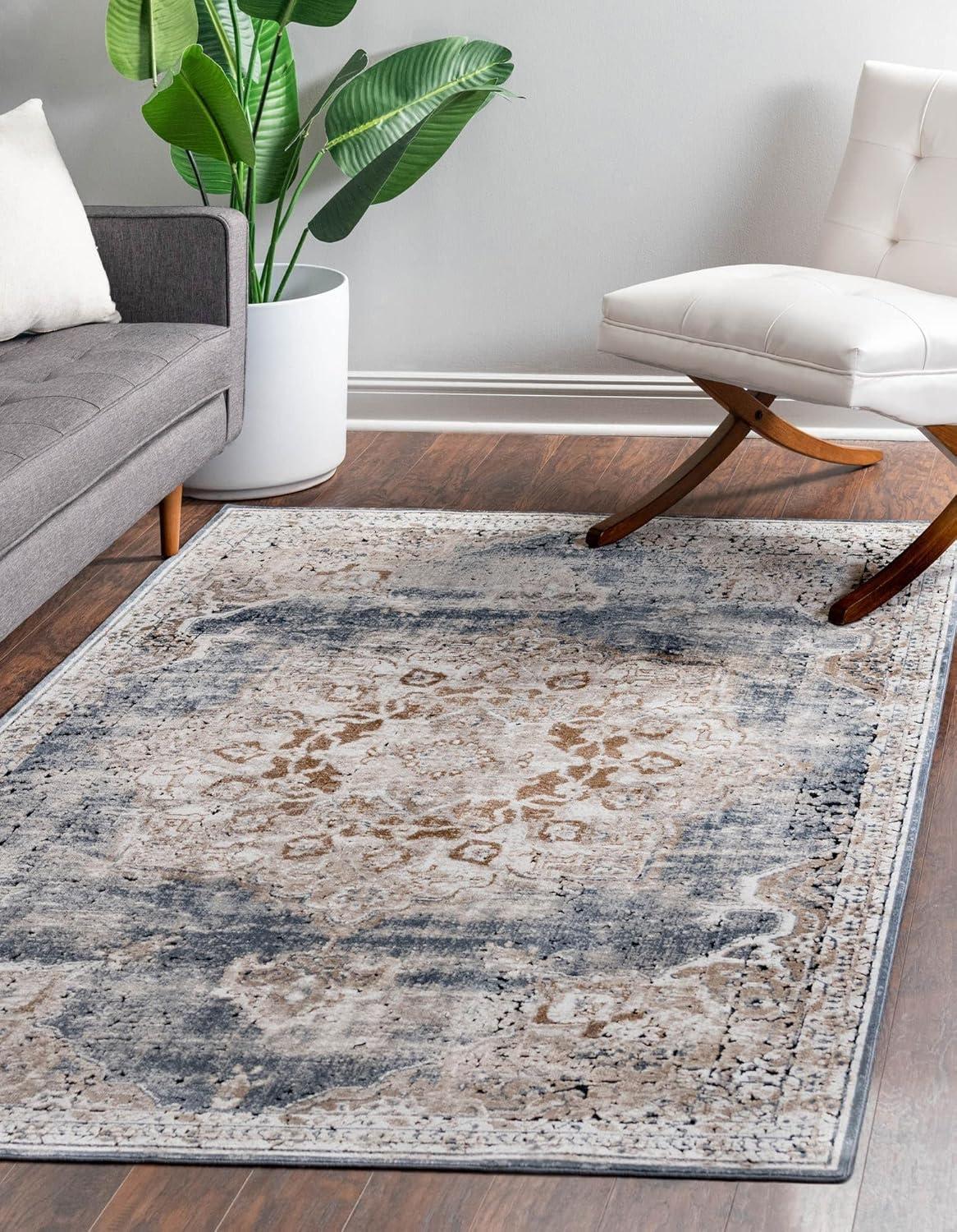 Beige & Light Blue Easy-Care Stain-Resistant Synthetic Area Rug, 6' x 9'