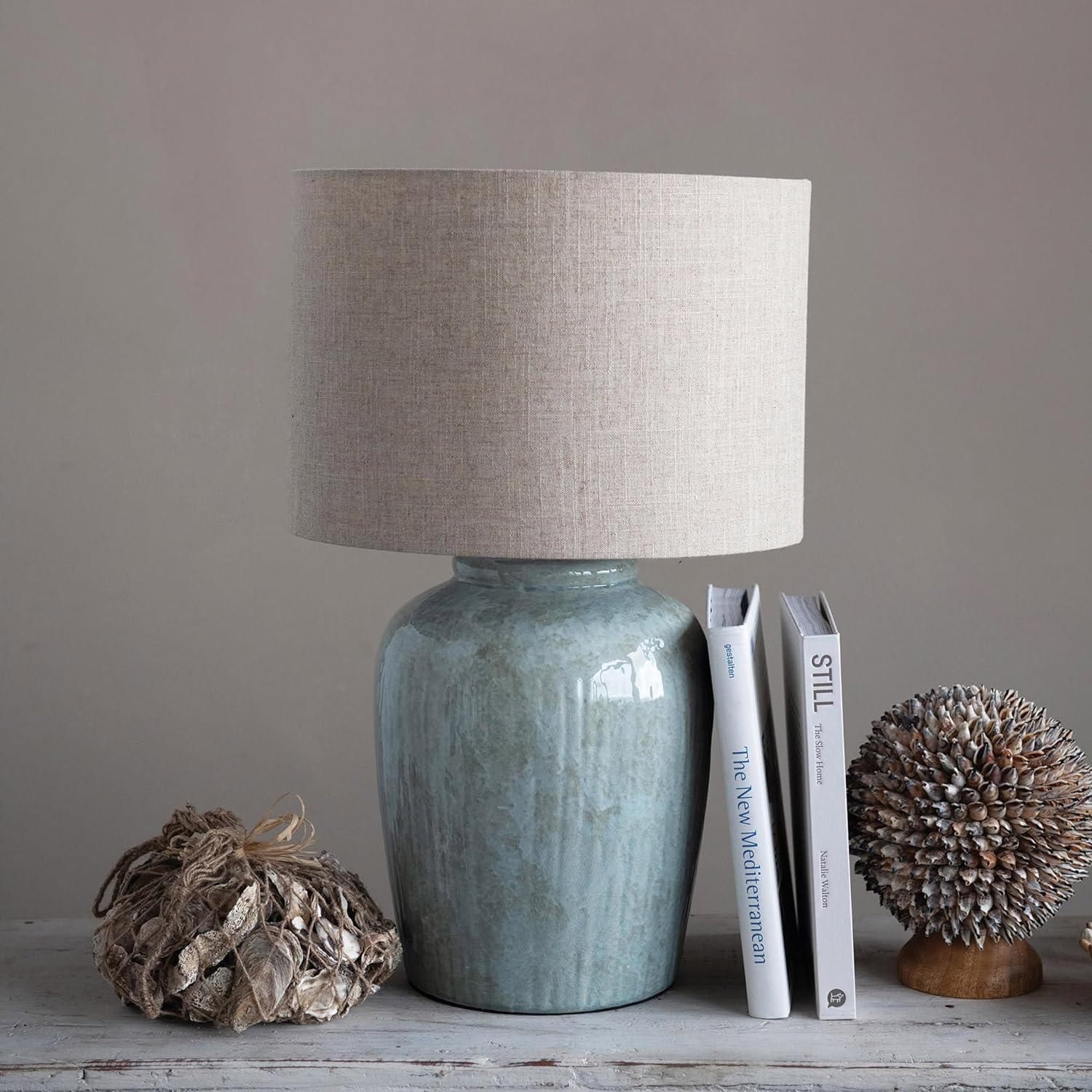 Creative Co-Op Coastal Aqua Blue Ceramic Stoneware Table Lamp with Natural Ivory Linen Shade, Reactive Glaze Finish