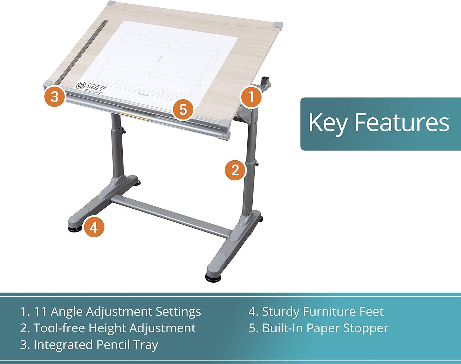 Adjustable Height Silver Frame Drafting Table with Birch Top