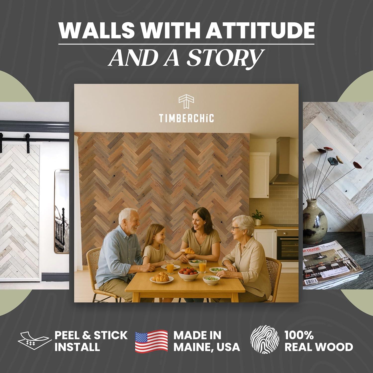 Timberchic River Reclaimed Wooden Wall planks - Simple Peel & Stick Wall Covering Application for DIY Accent Wall & Home Improvement - Premium Wall Paneling - Herringbone Pattern