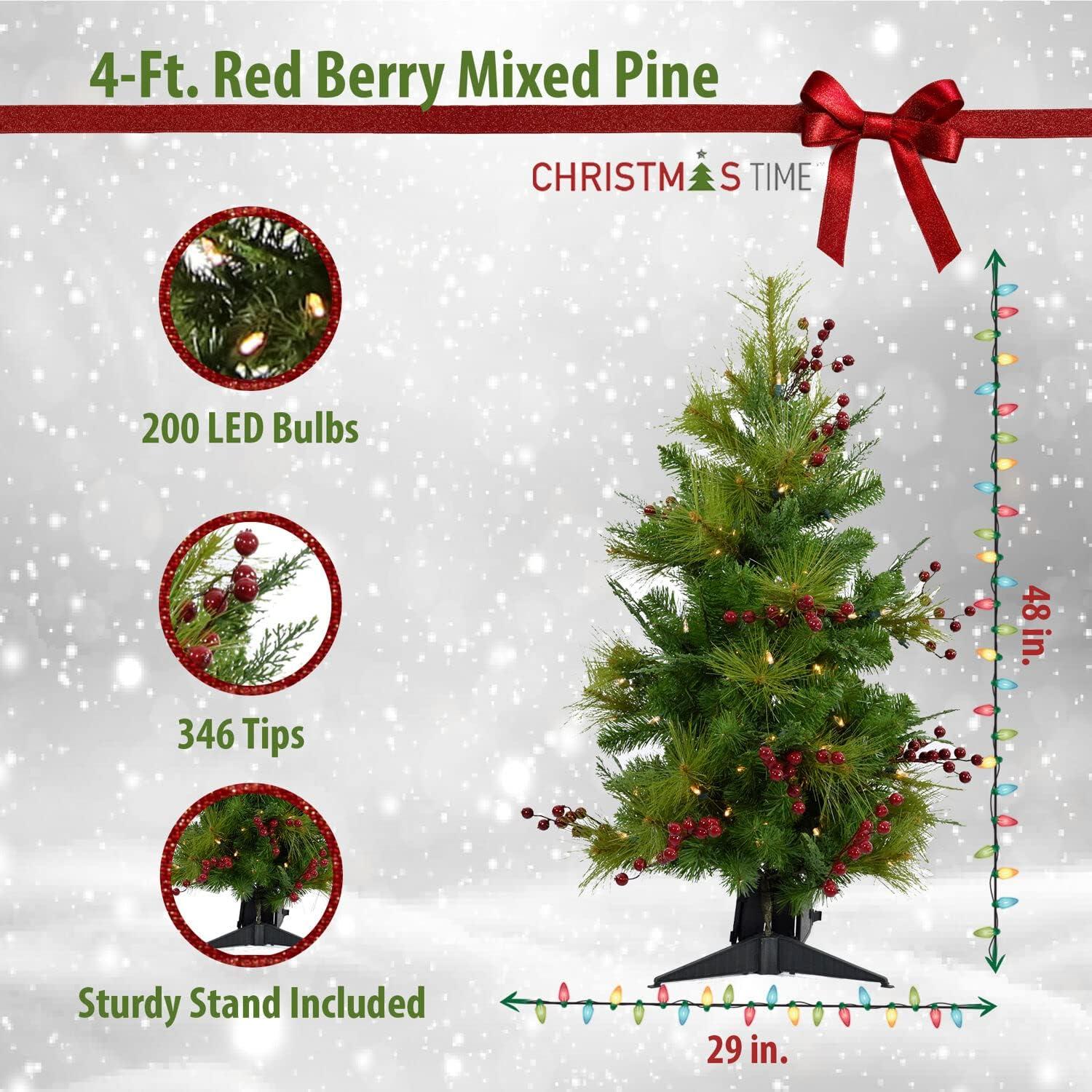 Christmas Time 4-Ft. Prelit Red Berry Mixed Pine Accent Tree, Multi-Color LED Lights, CT-RB056-ML