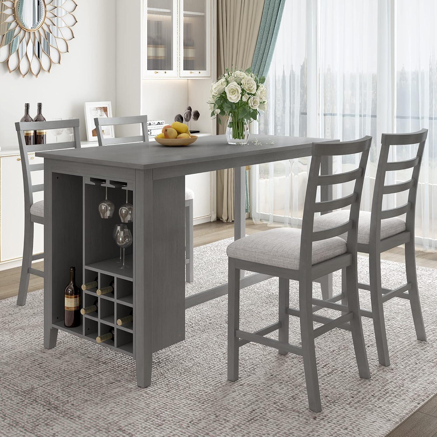 5-Piece Multi-Functional Rubber Wood Counter Height Dining Set with Padded Chairs and Integrated 9 Bar Wine Compartment, Wineglass Holders for Dining Room (Gray) 39AAE