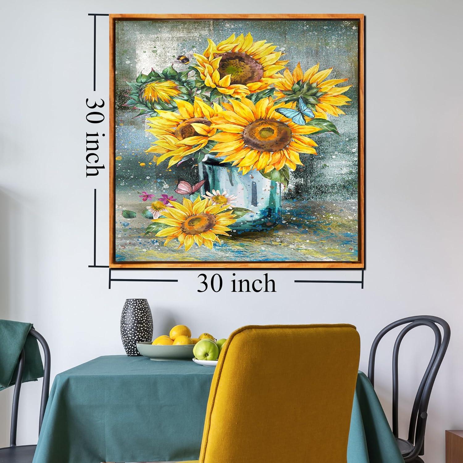 NESS-BEZAL Sunflowers Canvas Wall Art Prints Yellow Flowers Oil Painting Home Wall Decor for Bedroom Living Room Farmhouse Floral Wall Art Pictures Wood Frames 30"x30"