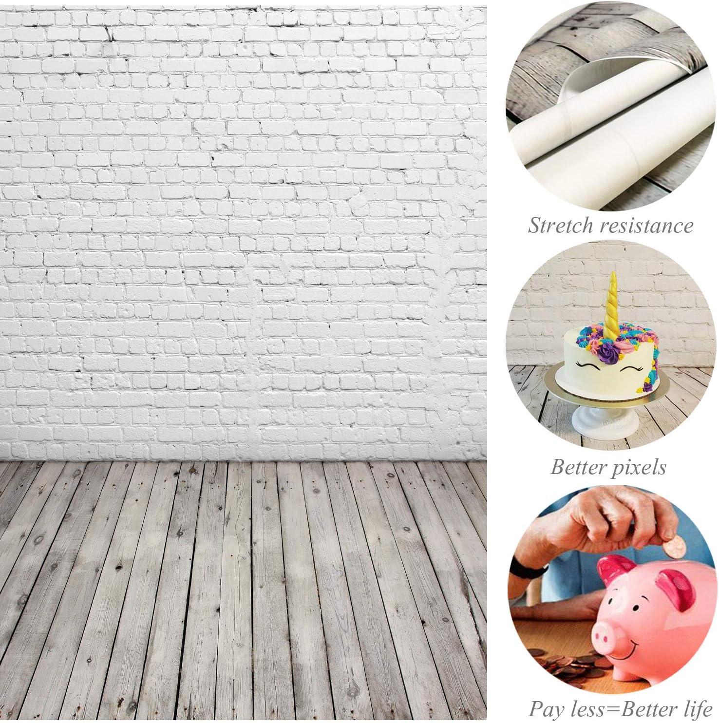 White Brick Wall with Gray Wooden Floor Vinyl Photography Backdrop 5x7ft