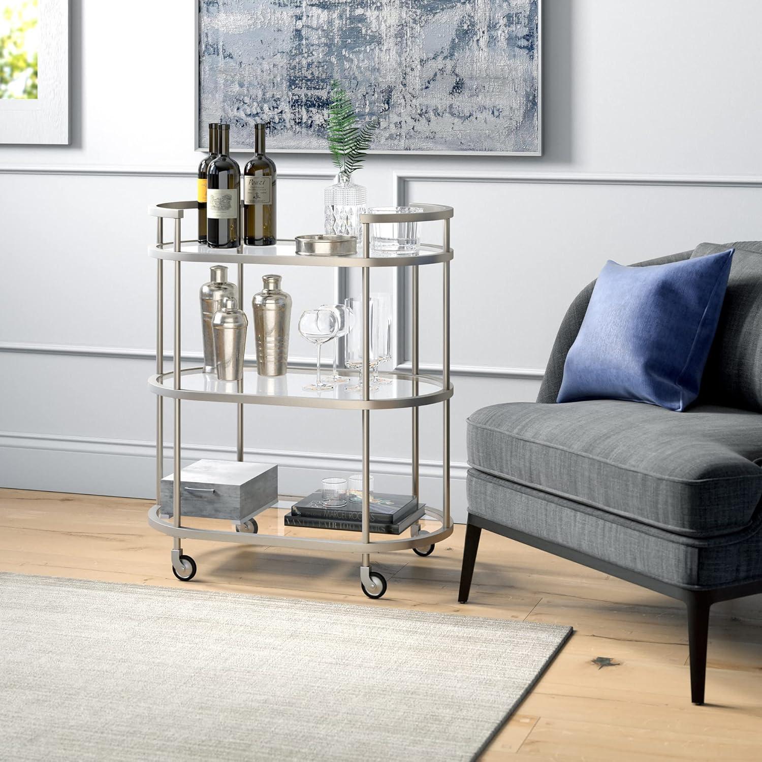 Evelyn&Zoe Satin Nickel Oval Bar Cart with Tempered Glass Shelves