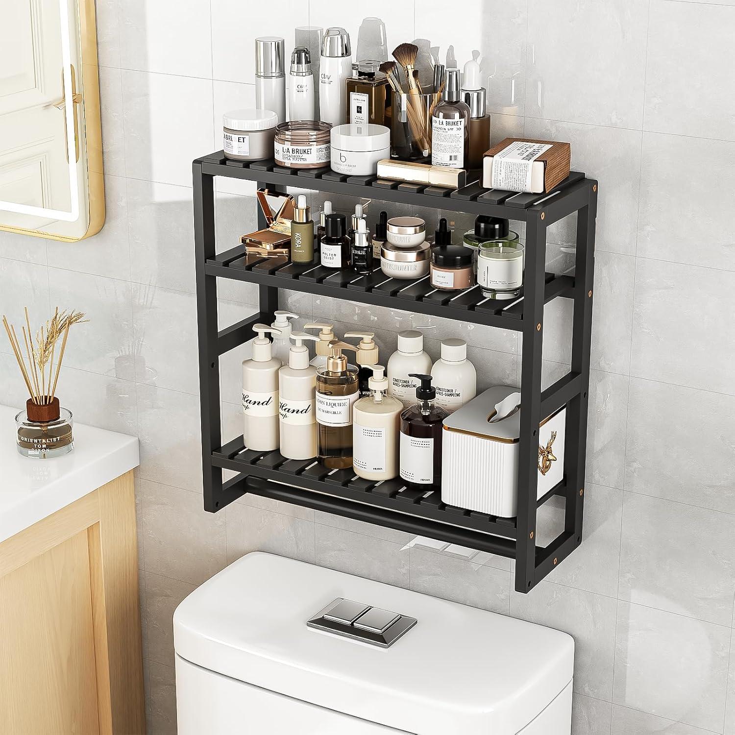 Black Adjustable Wall-Mounted Bathroom Shelf with Towel Rod