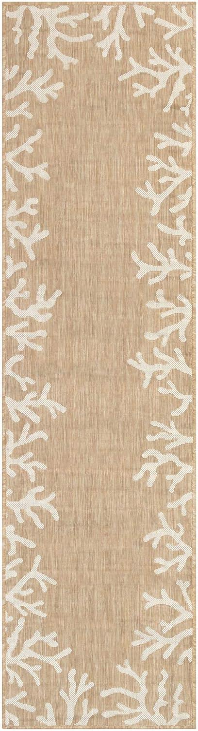 Liora Manne Carmel Indoor/Outdoor Power Loomed Synthetic Blend Low Profile Area Rug - Transitional Border Coastal Ocean Decorative (Coral Border Sand) (1'11" x 7'6")