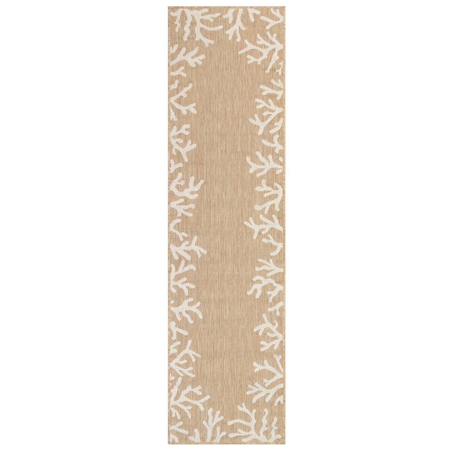 Liora Manne Carmel Indoor/Outdoor Power Loomed Synthetic Blend Low Profile Area Rug - Transitional Border Coastal Ocean Decorative (Coral Border Sand) (1'11" x 7'6")