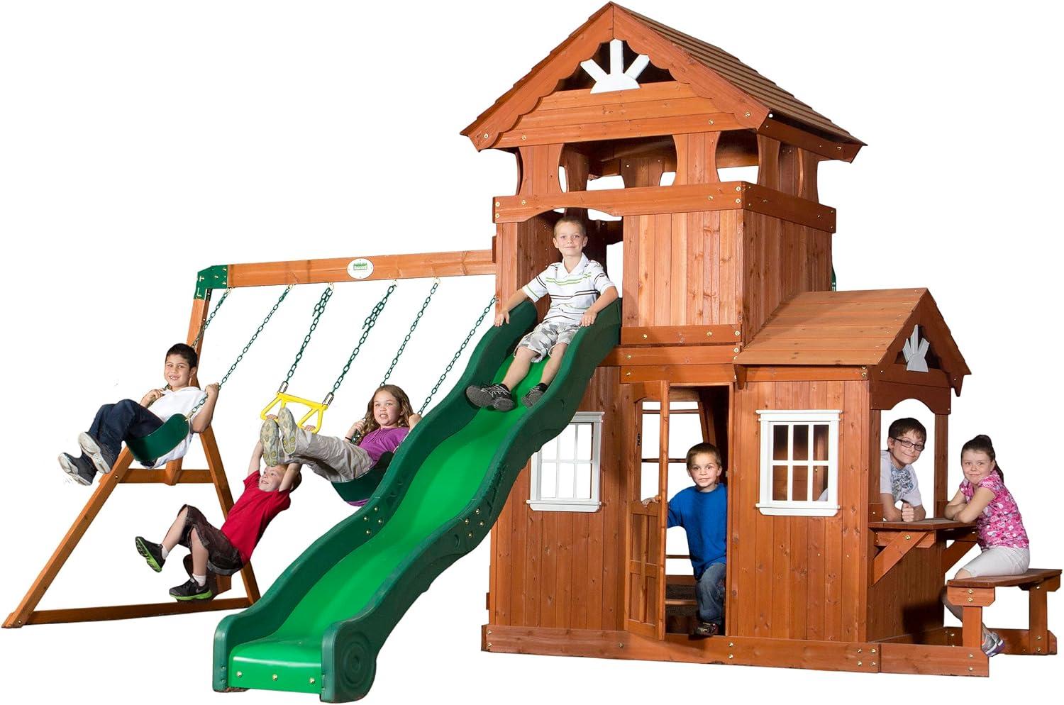 Backyard Discovery Backyard Discovery Shenandoah Cedar Wood Swing Set with Wave Slide, Clubhouse, Playhouse, and Play Kitchen