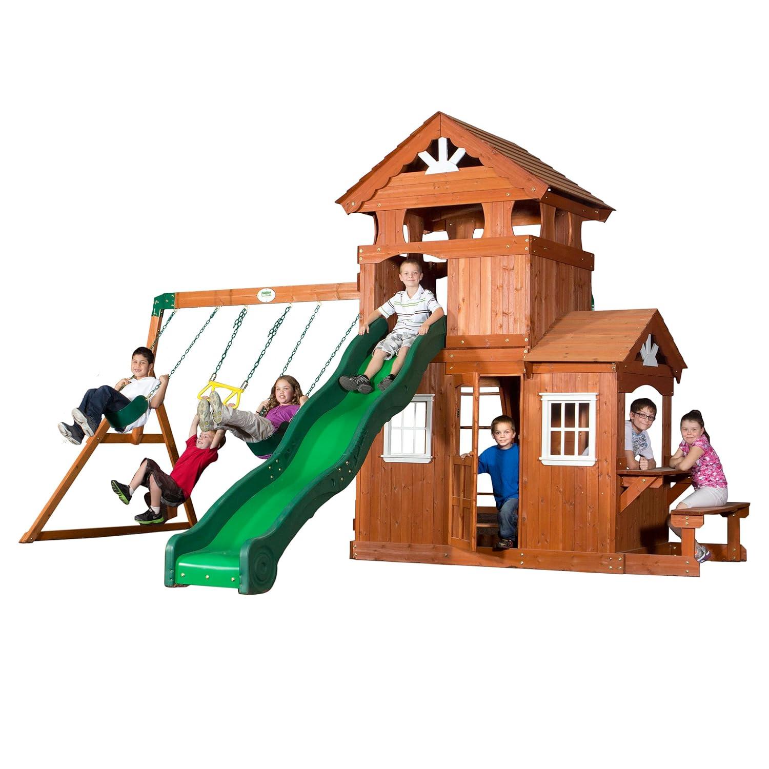 Backyard Discovery Backyard Discovery Shenandoah Cedar Wood Swing Set with Wave Slide, Clubhouse, Playhouse, and Play Kitchen