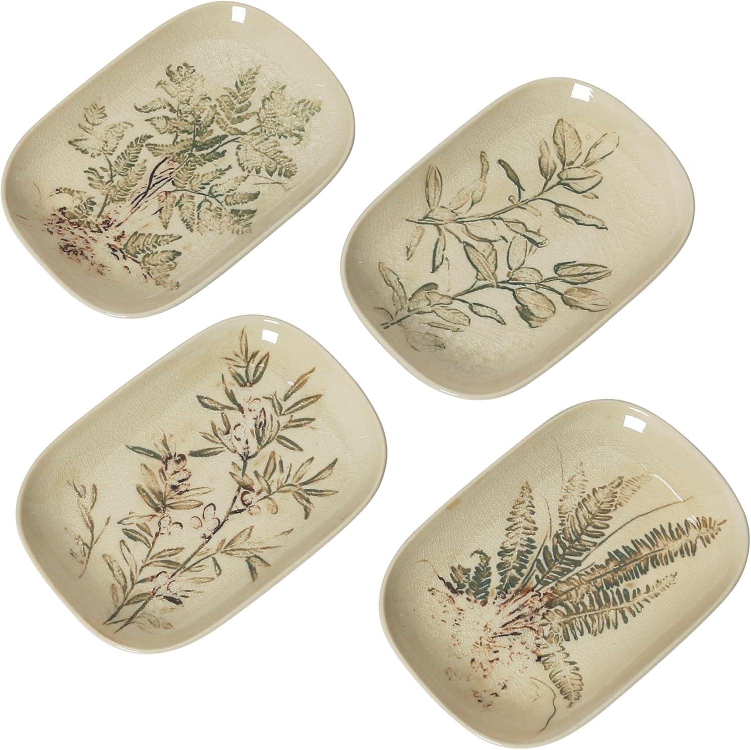 Cream and Green Botanical Debossed Ceramic Dish Set