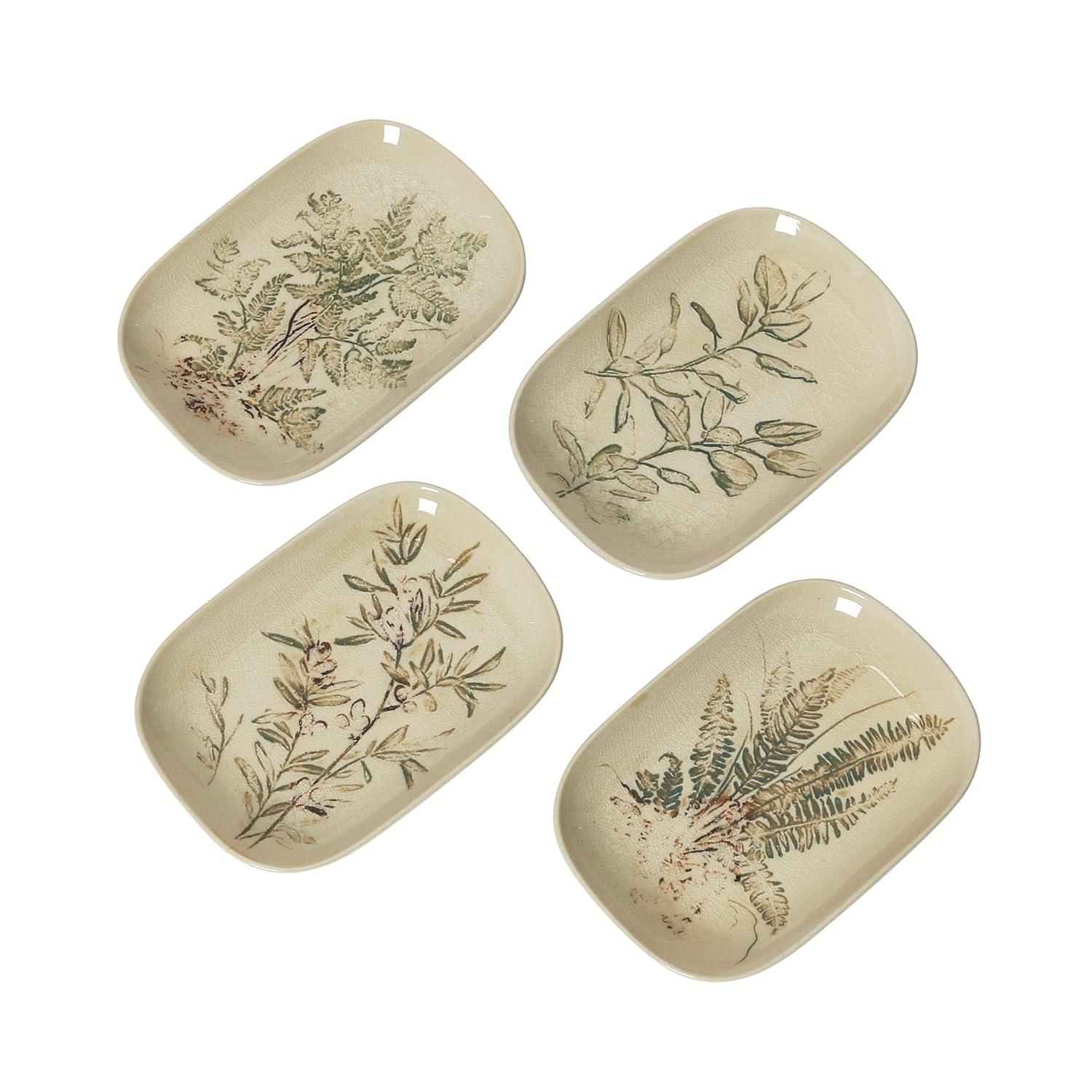 Creative Co-Op Debossed Stoneware Dish, Cream and Green Reactive Glaze, Set of 4 Styles