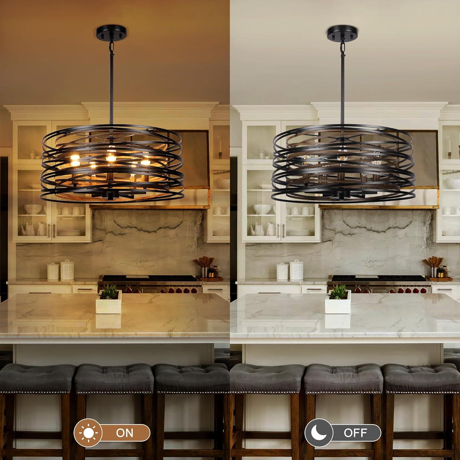 Dining Room Lighting Fixture, 5-Light Farmhouse Black Chandelier Drum Light, Round Metal with Retro Wood Texture Interior, E12 Bulbs Not Included